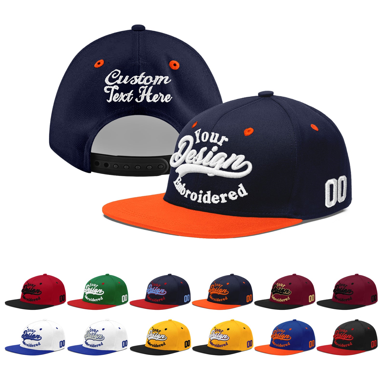 Custom Navy Orange 3D Puff Embroidery Flat Embroidery Casual Sport Baseball Cap