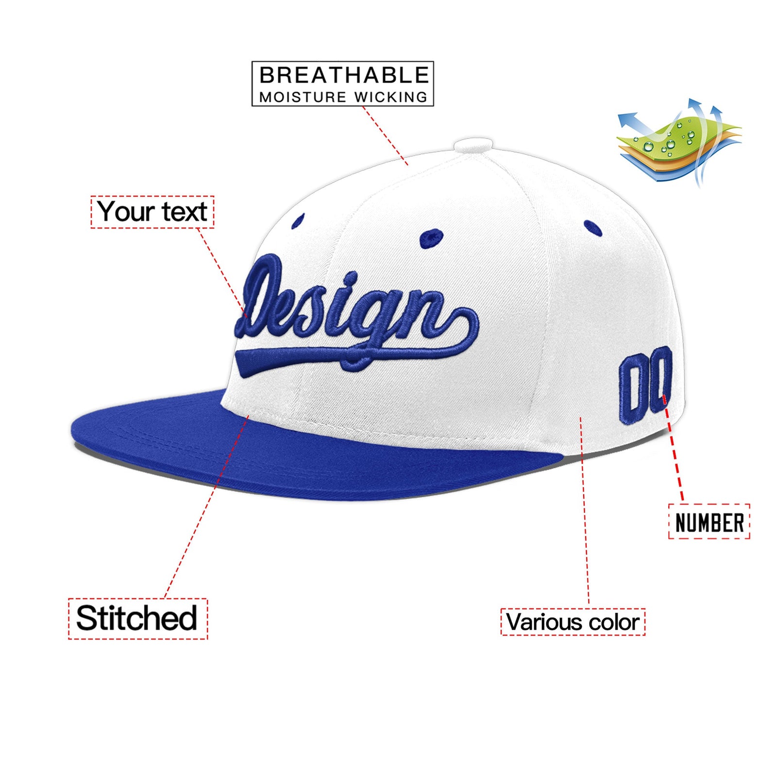 Custom White Royal Blue 3D Puff Embroidery Flat Embroidery Casual Sport Baseball Cap