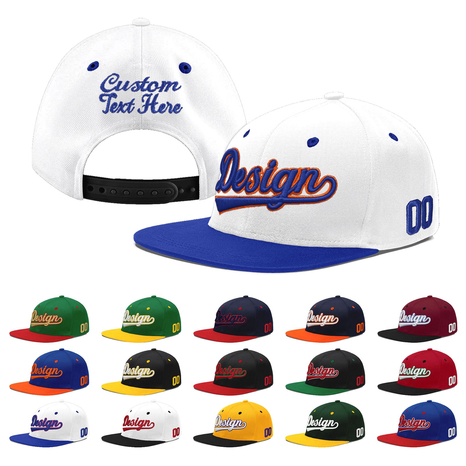 Custom White Royal Blue 3D Puff Embroidery Flat Embroidery Casual Sport Baseball Cap