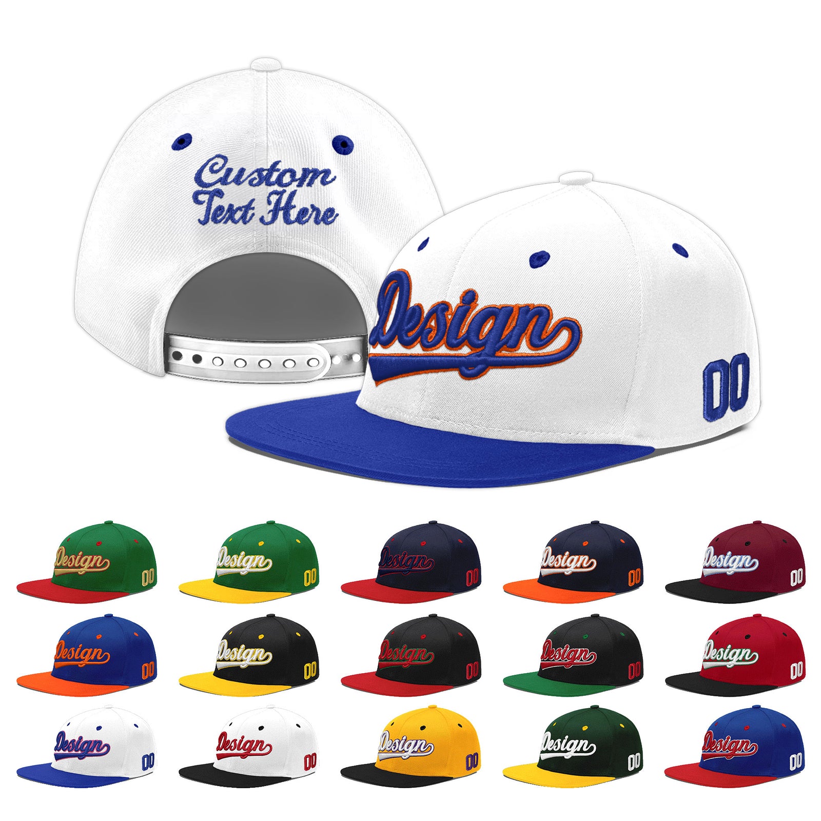 Custom White Royal Blue 3D Puff Embroidery Flat Embroidery Casual Sport Baseball Cap