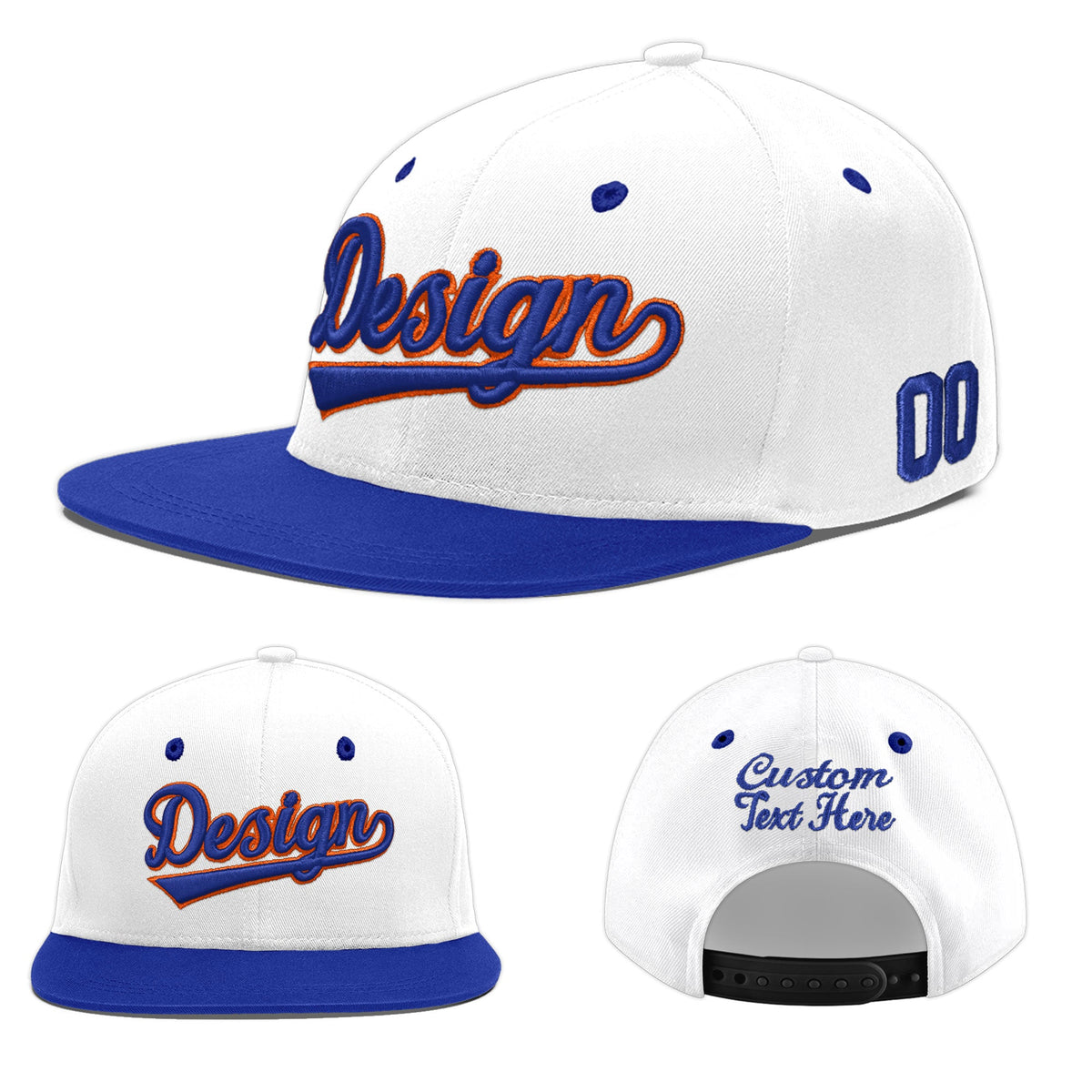Custom White Royal Blue 3D Puff Embroidery Flat Embroidery Casual Sport Baseball Cap