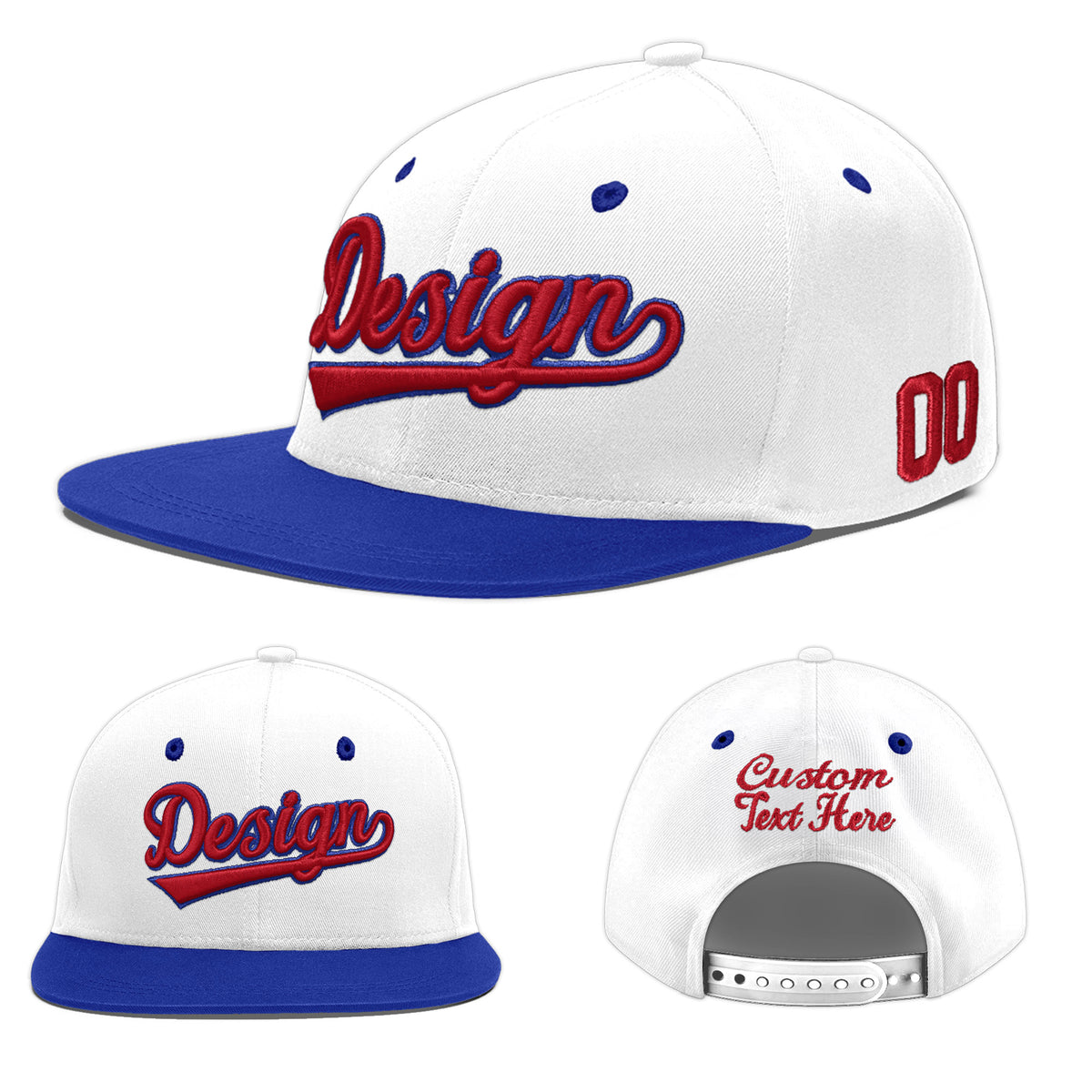 Custom White Royal Blue 3D Puff Embroidery Flat Embroidery Casual Sport Baseball Cap