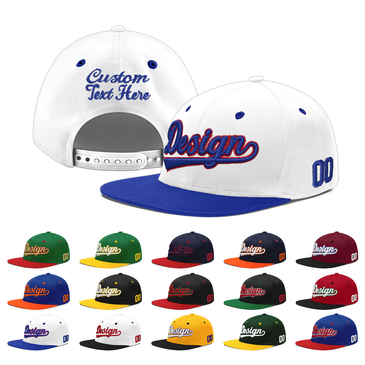 Custom White Royal Blue 3D Puff Embroidery Flat Embroidery Casual Sport Baseball Cap