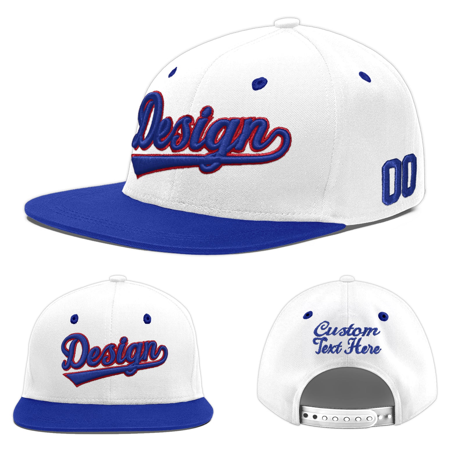 Custom White Royal Blue 3D Puff Embroidery Flat Embroidery Casual Sport Baseball Cap