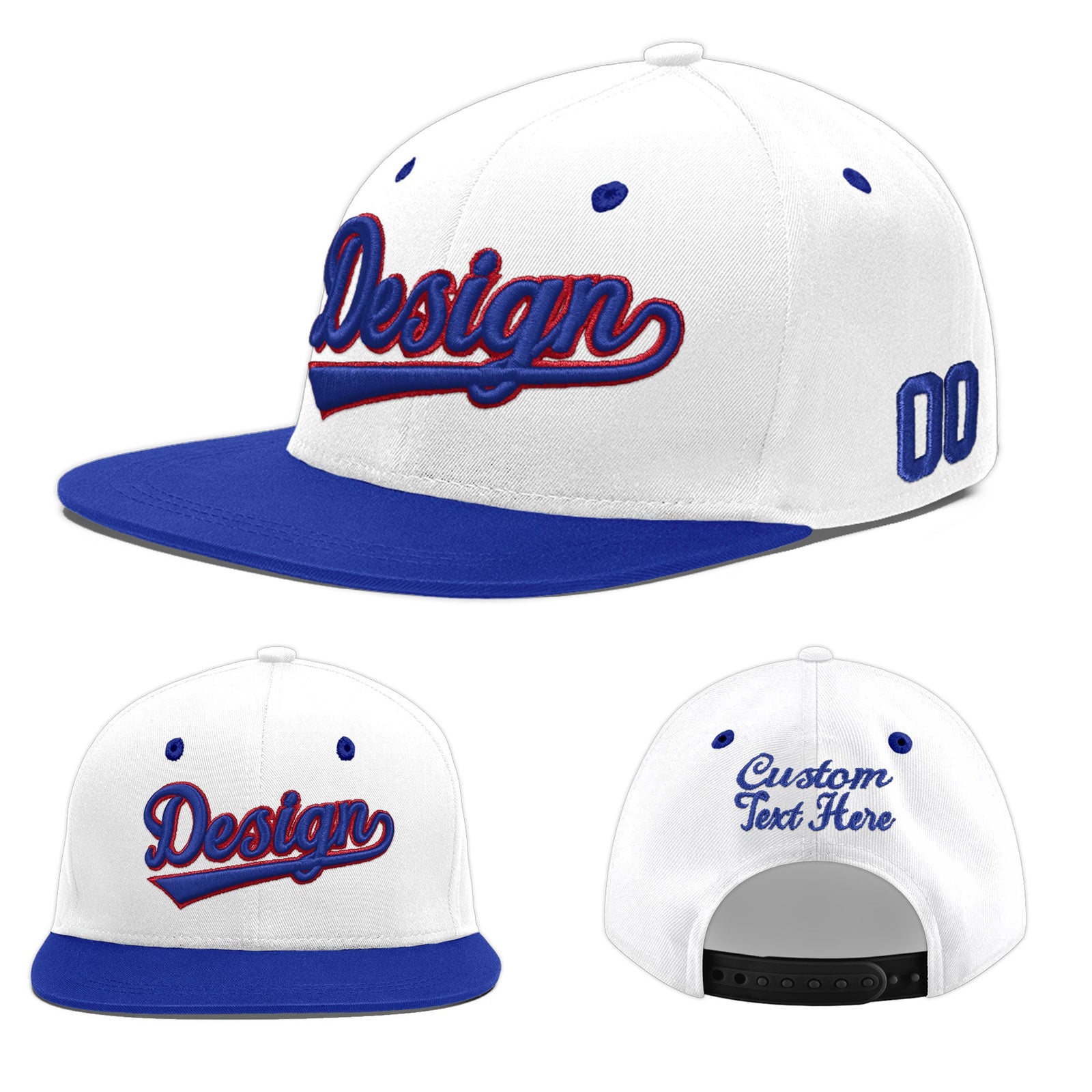 Custom White Royal Blue 3D Puff Embroidery Flat Embroidery Casual Sport Baseball Cap