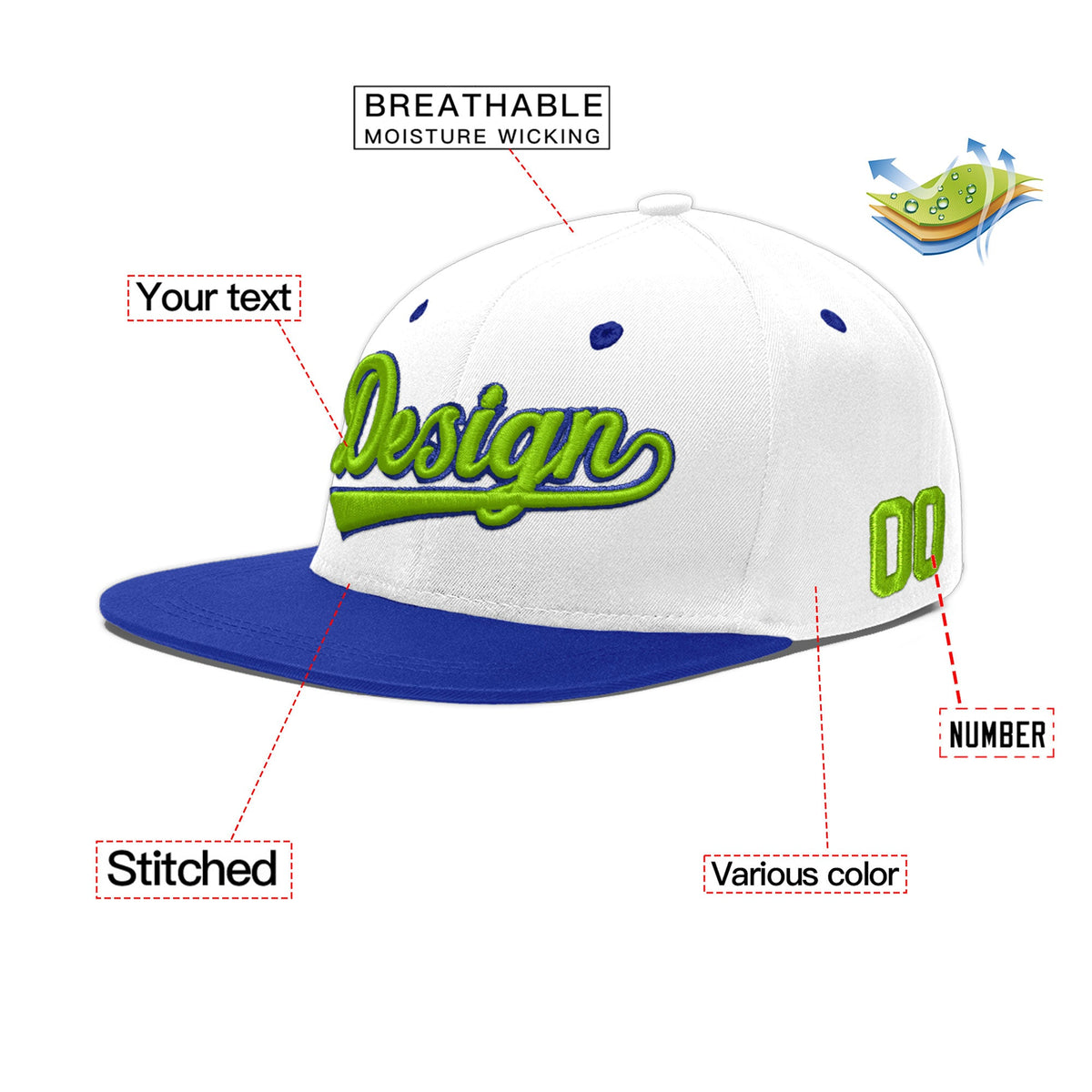 Custom White Royal Blue 3D Puff Embroidery Flat Embroidery Casual Sport Baseball Cap
