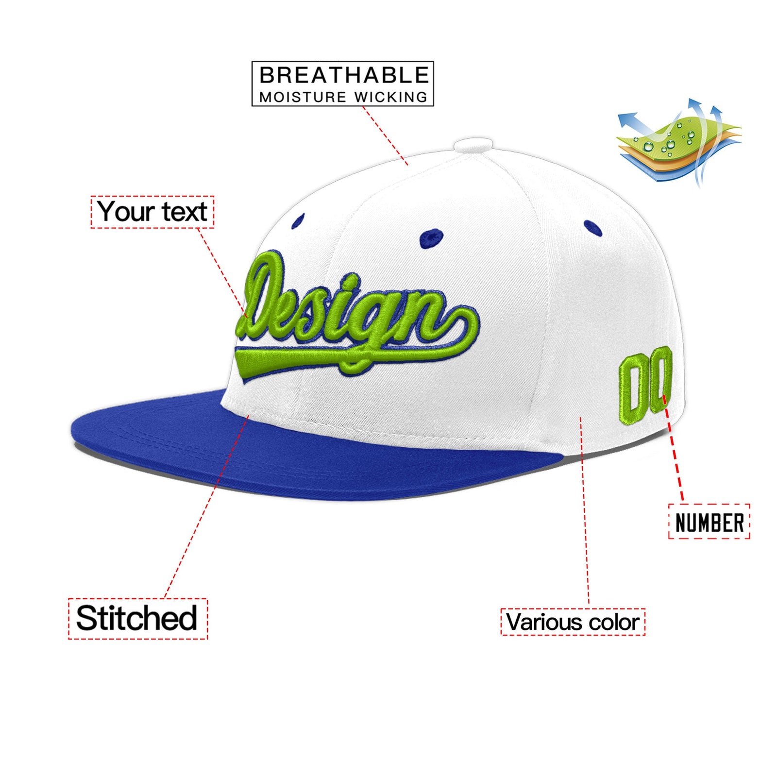 Custom White Royal Blue 3D Puff Embroidery Flat Embroidery Casual Sport Baseball Cap