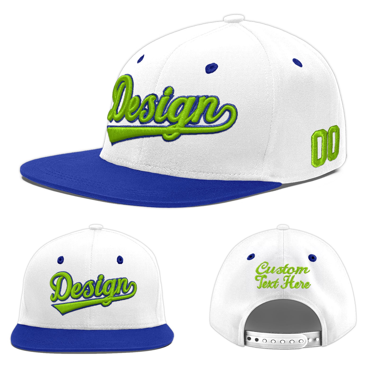 Custom White Royal Blue 3D Puff Embroidery Flat Embroidery Casual Sport Baseball Cap