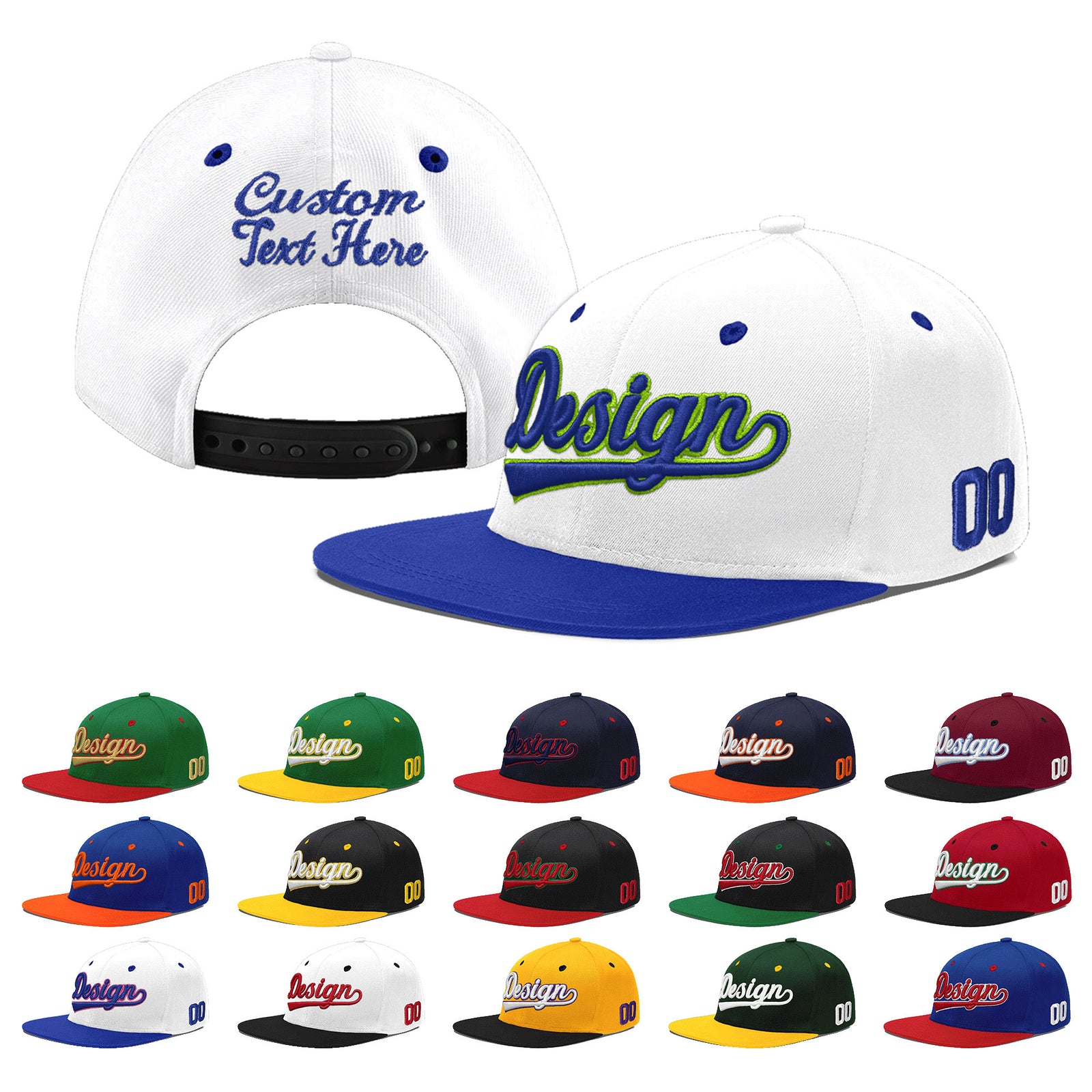 Custom White Royal Blue 123D Puff Embroidery Flat Embroidery Casual Sport Baseball Cap