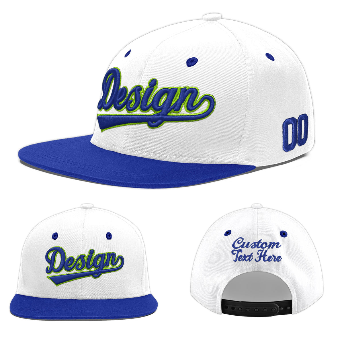 Custom White Royal Blue 124D Puff Embroidery Flat Embroidery Casual Sport Baseball Cap