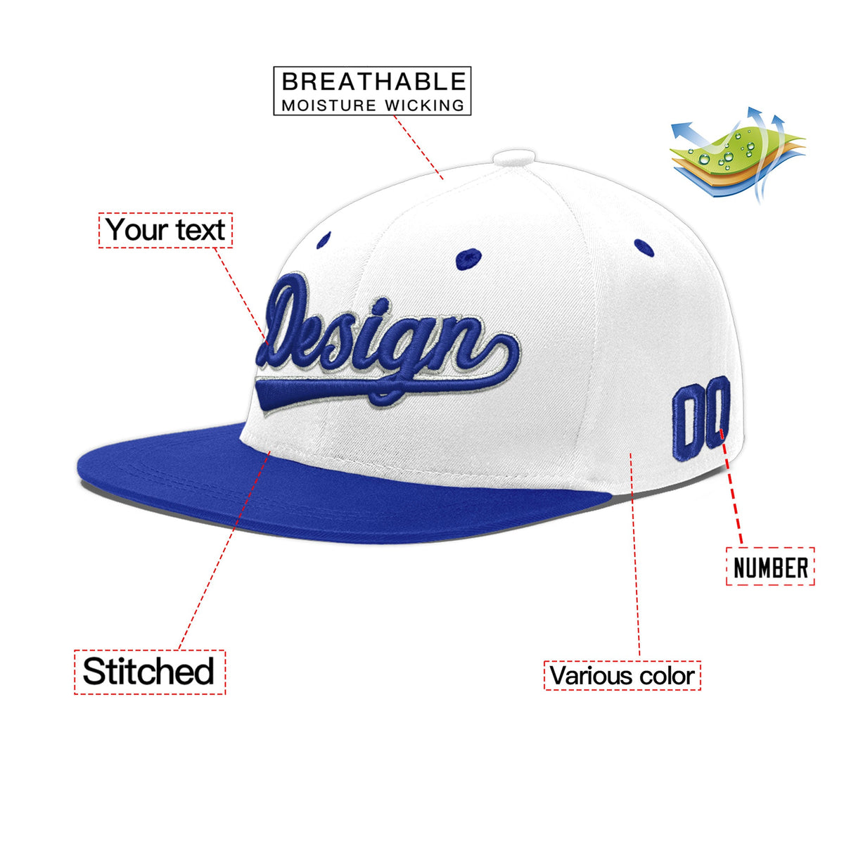 Custom White Royal Blue 149D Puff Embroidery Flat Embroidery Casual Sport Baseball Cap