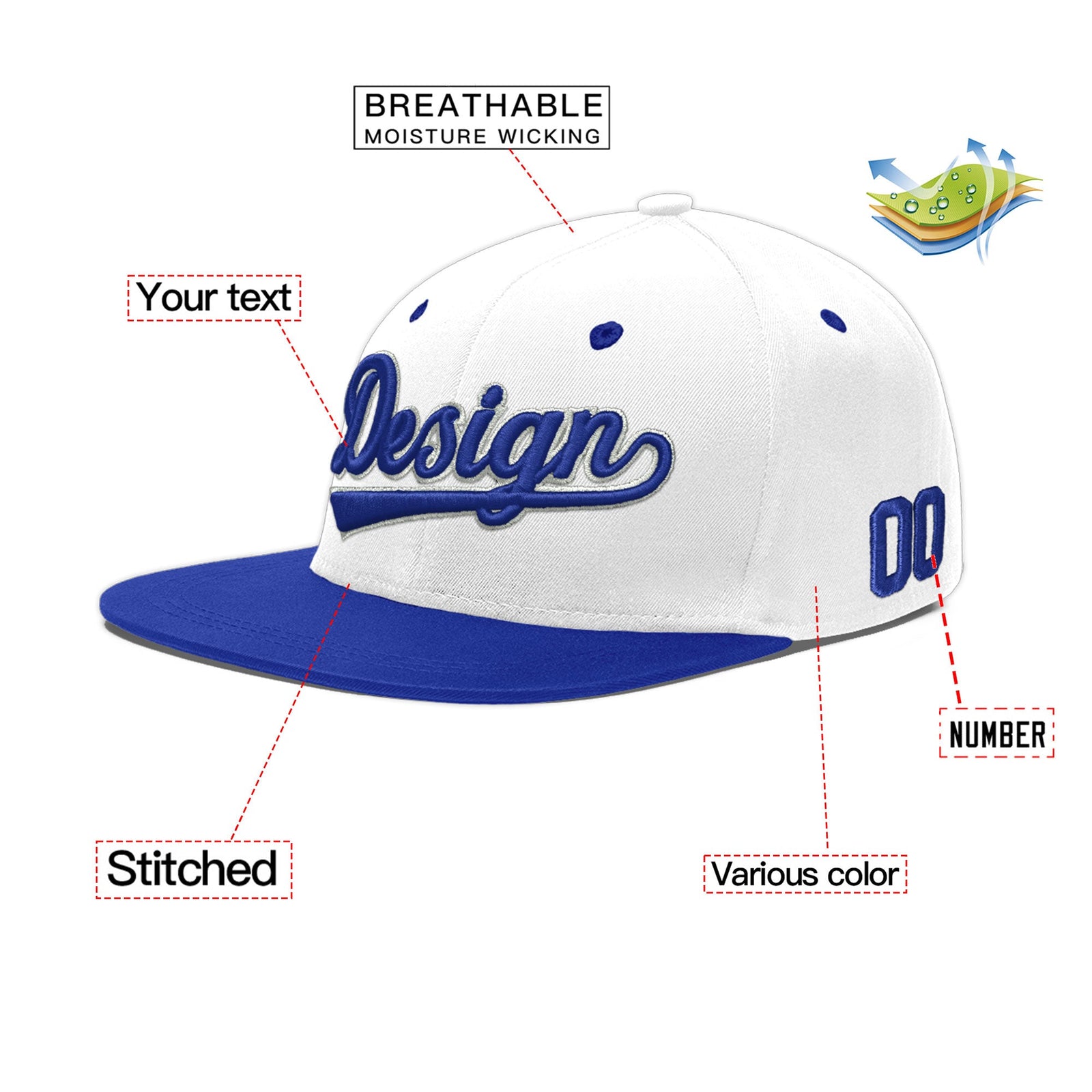 Custom White Royal Blue 149D Puff Embroidery Flat Embroidery Casual Sport Baseball Cap