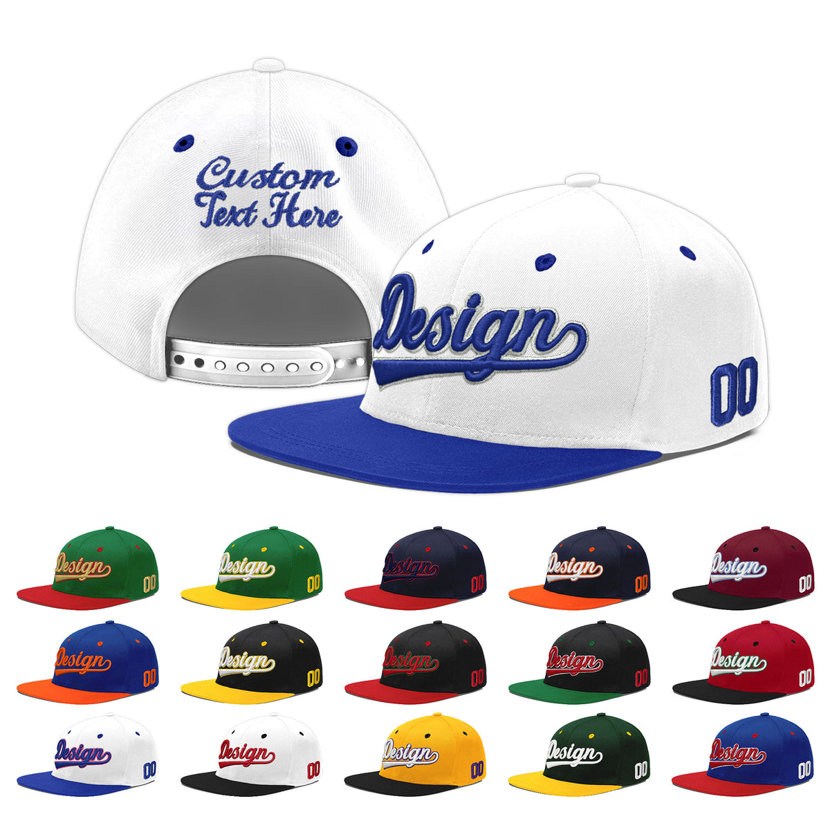Custom White Royal Blue 147D Puff Embroidery Flat Embroidery Casual Sport Baseball Cap