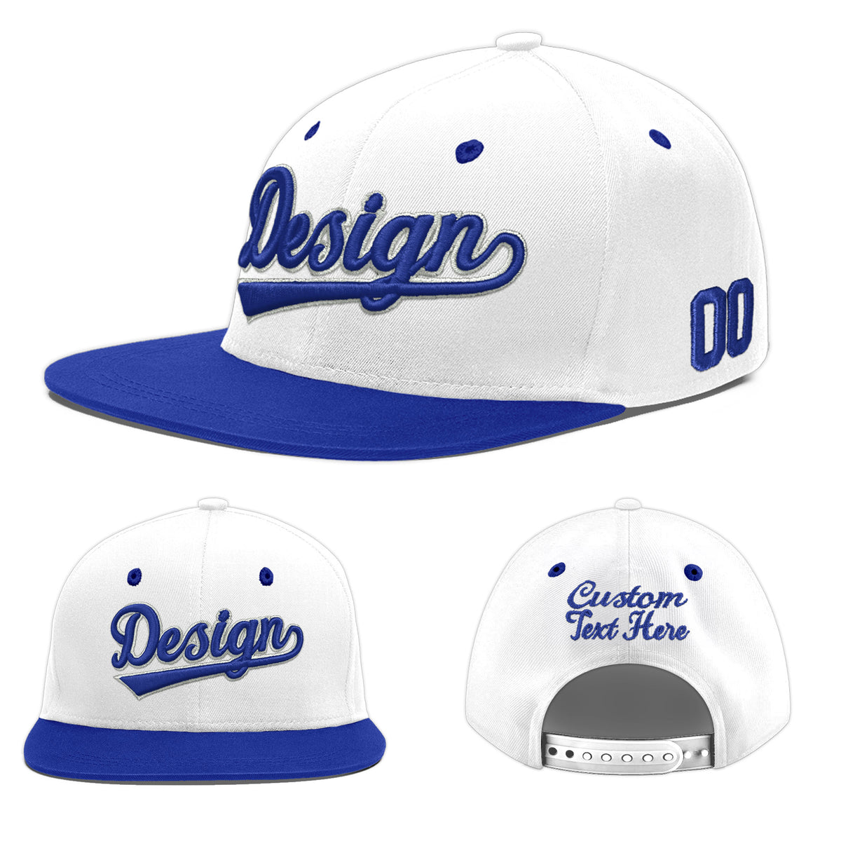 Custom White Royal Blue 148D Puff Embroidery Flat Embroidery Casual Sport Baseball Cap