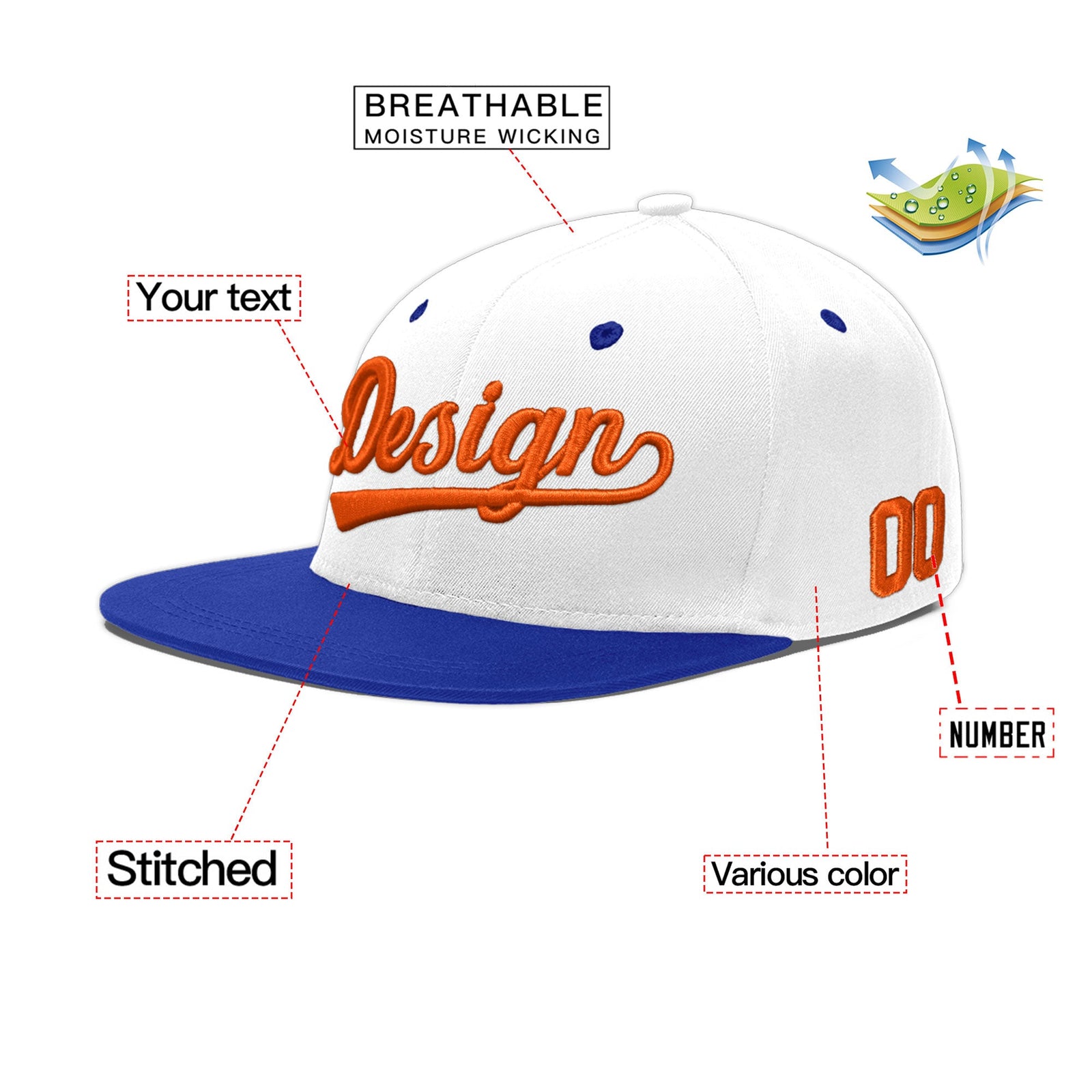 Custom White Royal Blue 157D Puff Embroidery Flat Embroidery Casual Sport Baseball Cap