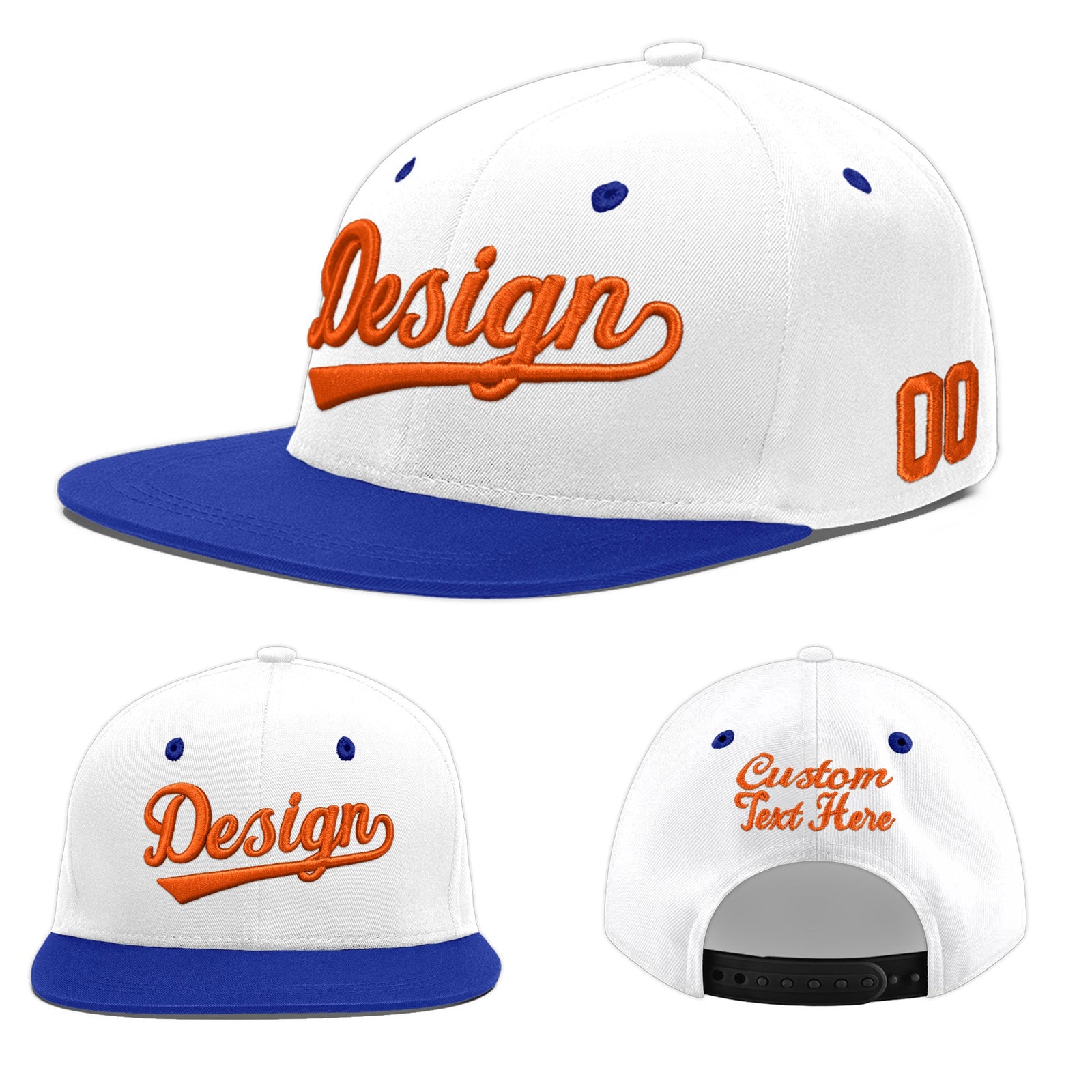 Custom White Royal Blue 156D Puff Embroidery Flat Embroidery Casual Sport Baseball Cap