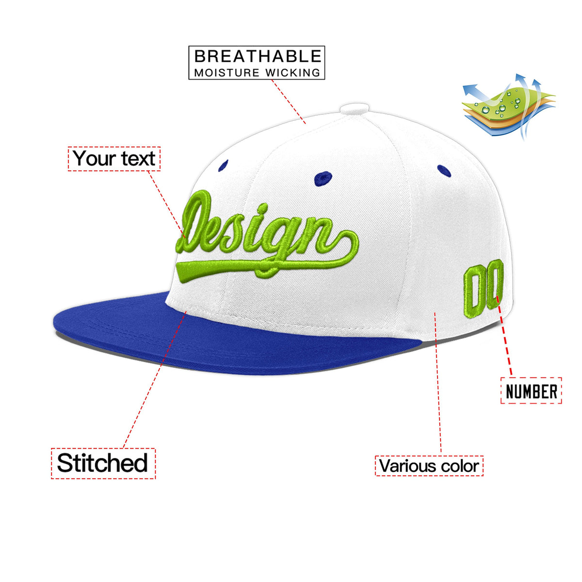 Custom White Royal Blue 125D Puff Embroidery Flat Embroidery Casual Sport Baseball Cap