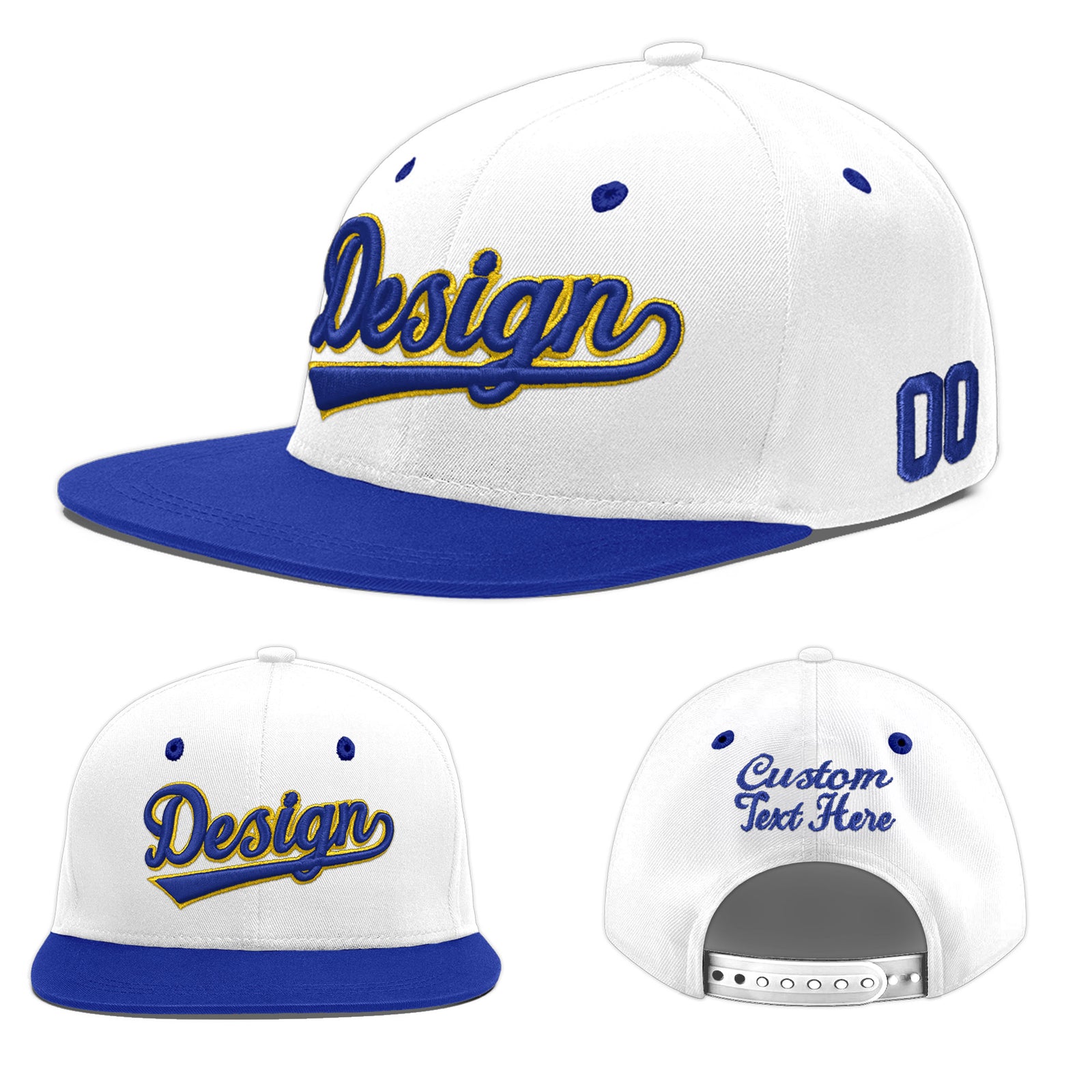 Custom White Royal Blue 132D Puff Embroidery Flat Embroidery Casual Sport Baseball Cap
