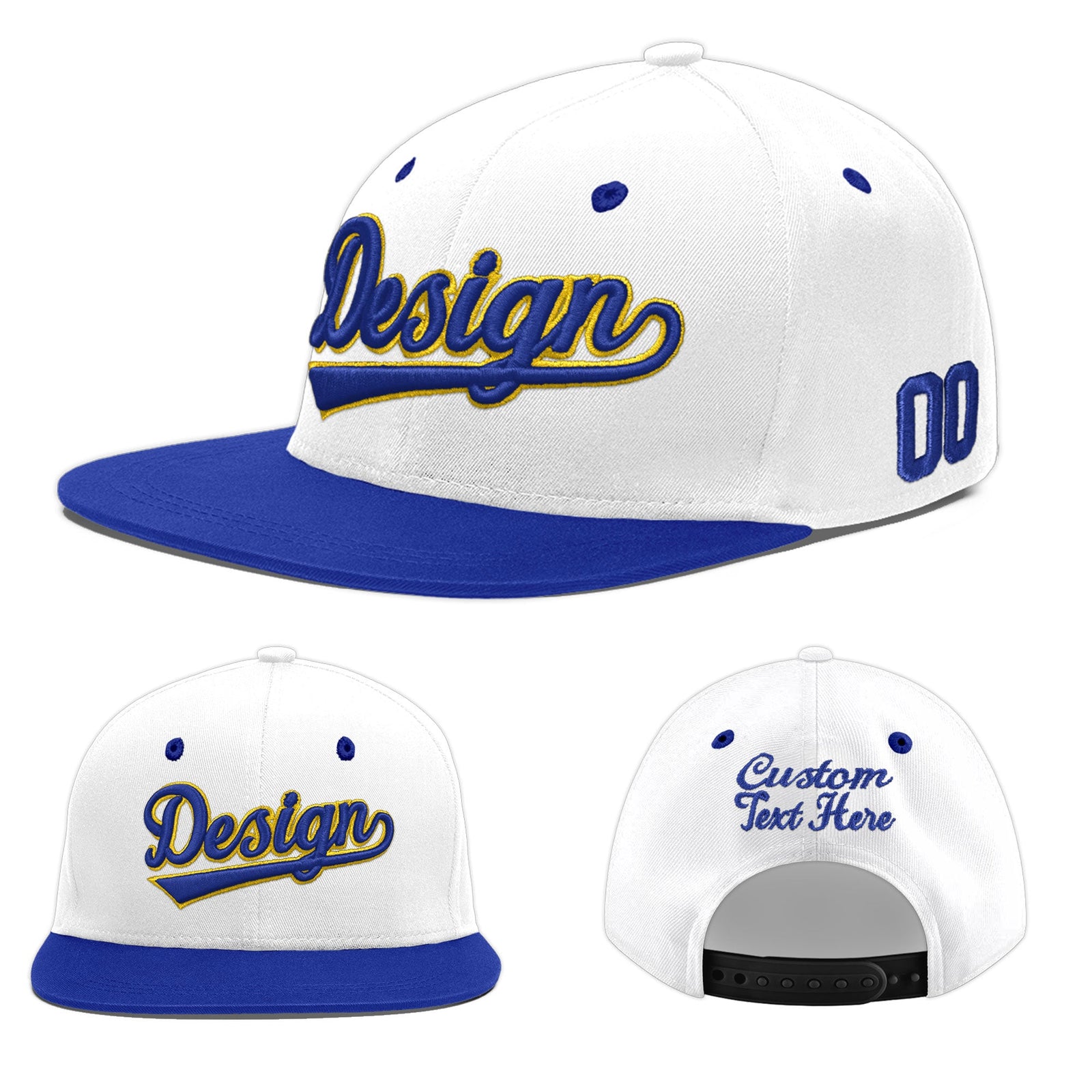 Custom White Royal Blue 132D Puff Embroidery Flat Embroidery Casual Sport Baseball Cap