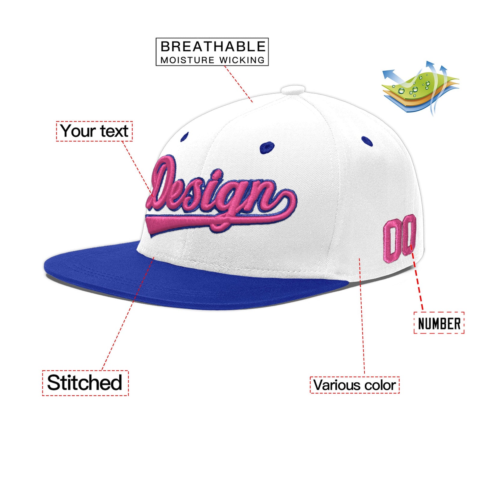 Custom White Royal Blue 149D Puff Embroidery Flat Embroidery Casual Sport Baseball Cap