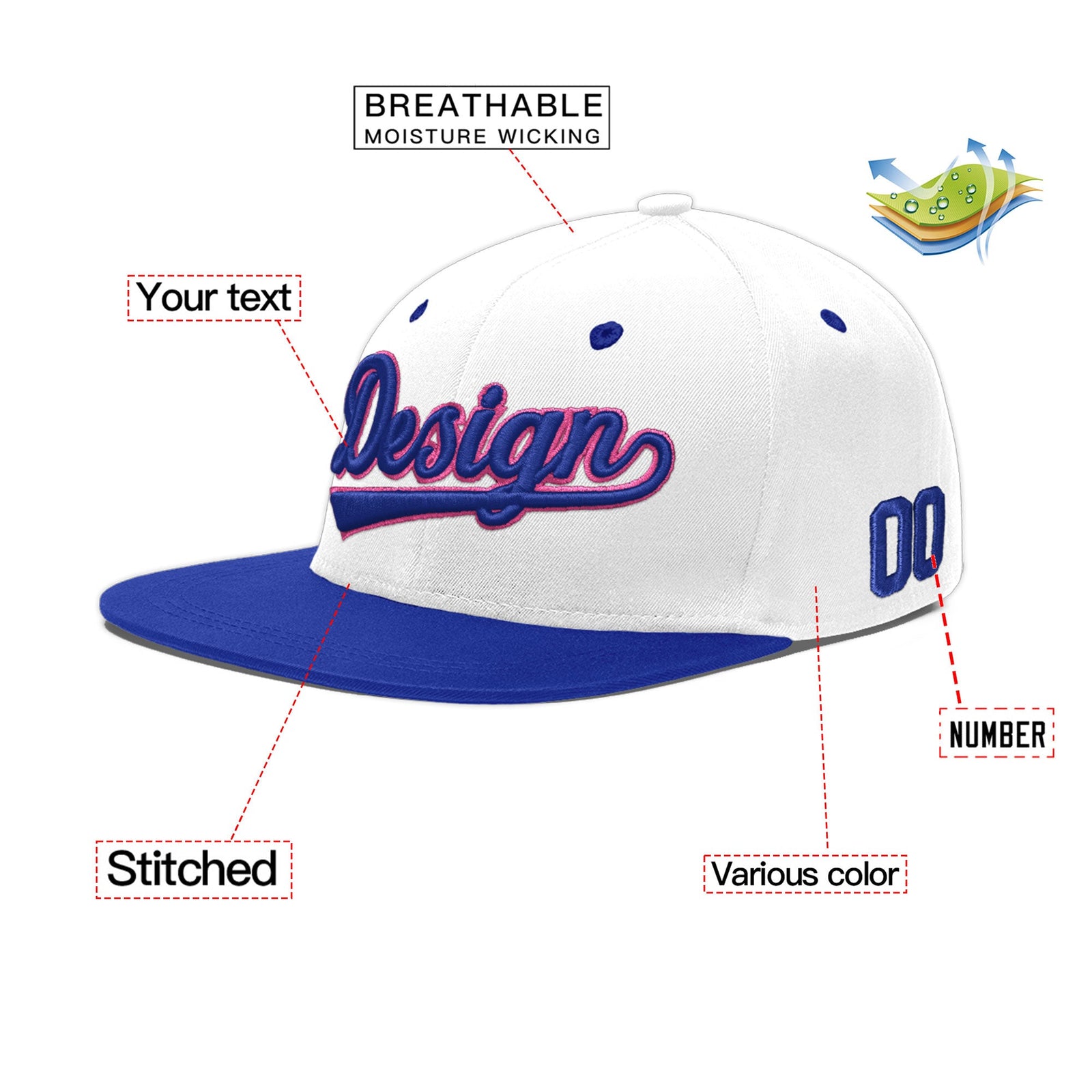 Custom White Royal Blue 157D Puff Embroidery Flat Embroidery Casual Sport Baseball Cap
