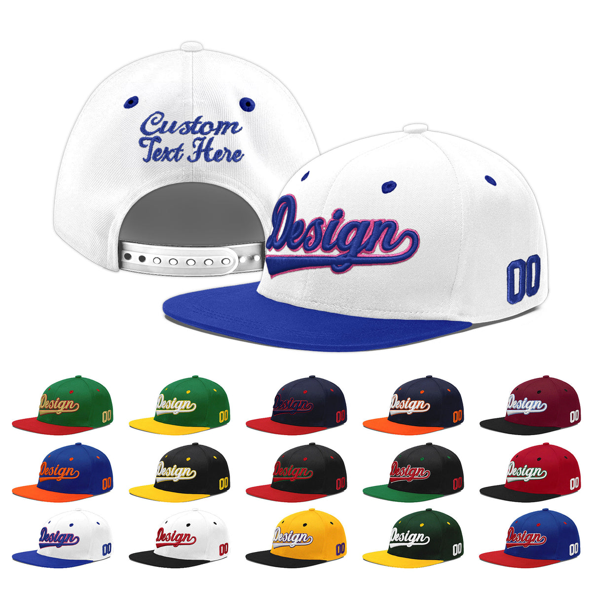 Custom White Royal Blue 155D Puff Embroidery Flat Embroidery Casual Sport Baseball Cap