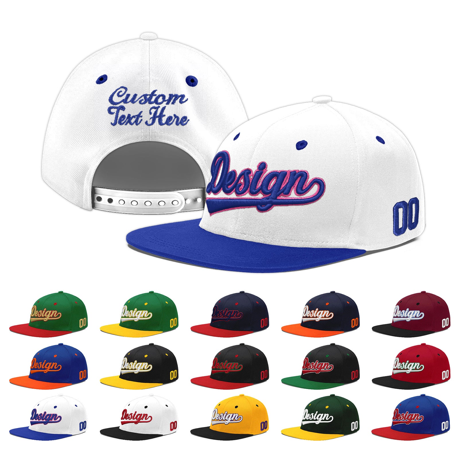 Custom White Royal Blue 155D Puff Embroidery Flat Embroidery Casual Sport Baseball Cap