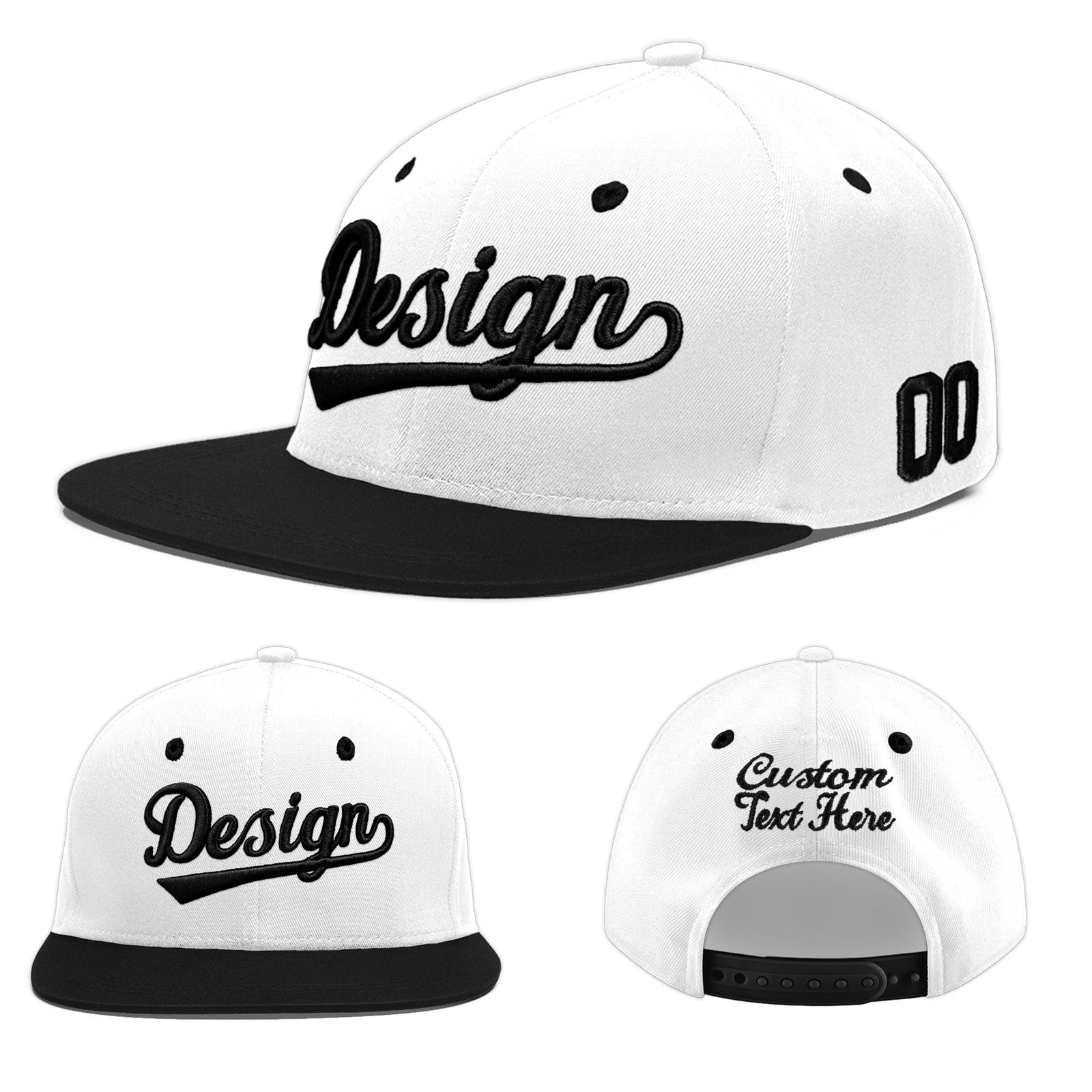 Custom White Black 3D Puff Embroidery Flat Embroidery Casual Sport Baseball Cap