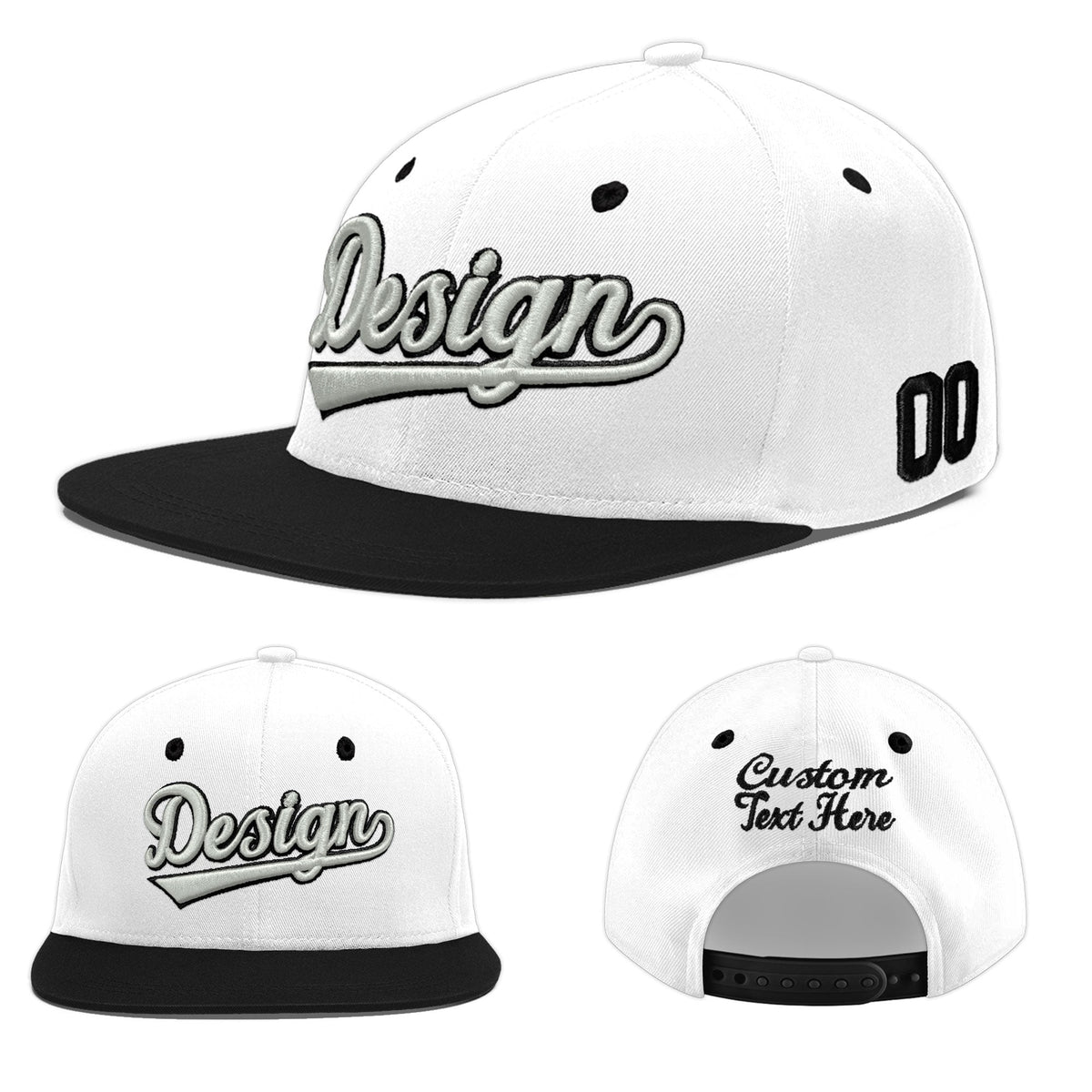 Custom White Black 3D Puff Embroidery Flat Embroidery Casual Sport Baseball Cap
