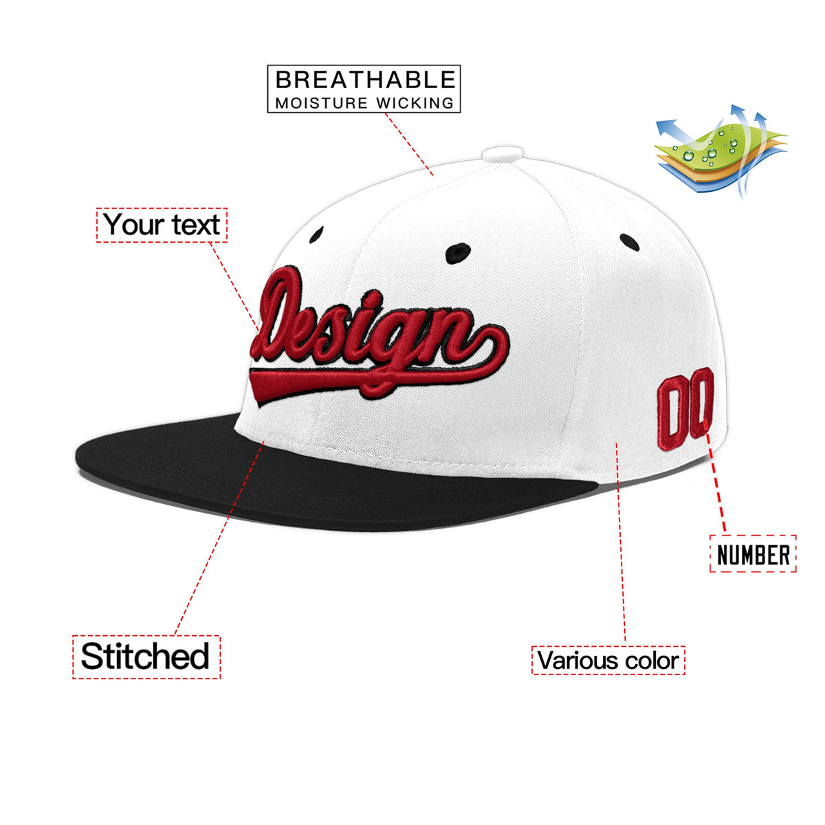 Custom White Black 3D Puff Embroidery Flat Embroidery Casual Sport Baseball Cap