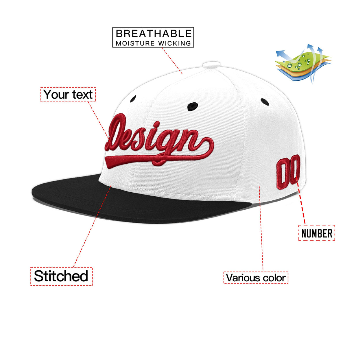 Custom White Black 3D Puff Embroidery Flat Embroidery Casual Sport Baseball Cap