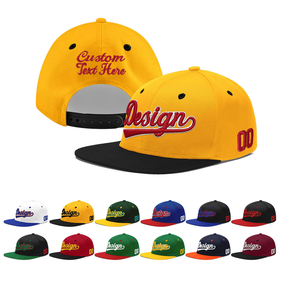 Custom Gold Black 3D Puff Embroidery Flat Embroidery Casual Sport Baseball Cap