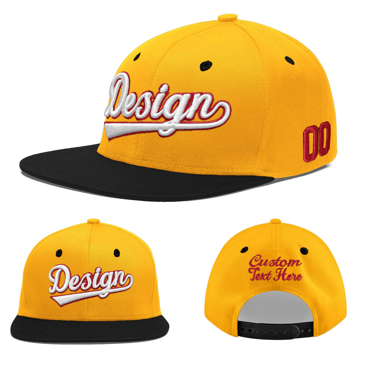 Custom Gold Black 3D Puff Embroidery Flat Embroidery Casual Sport Baseball Cap