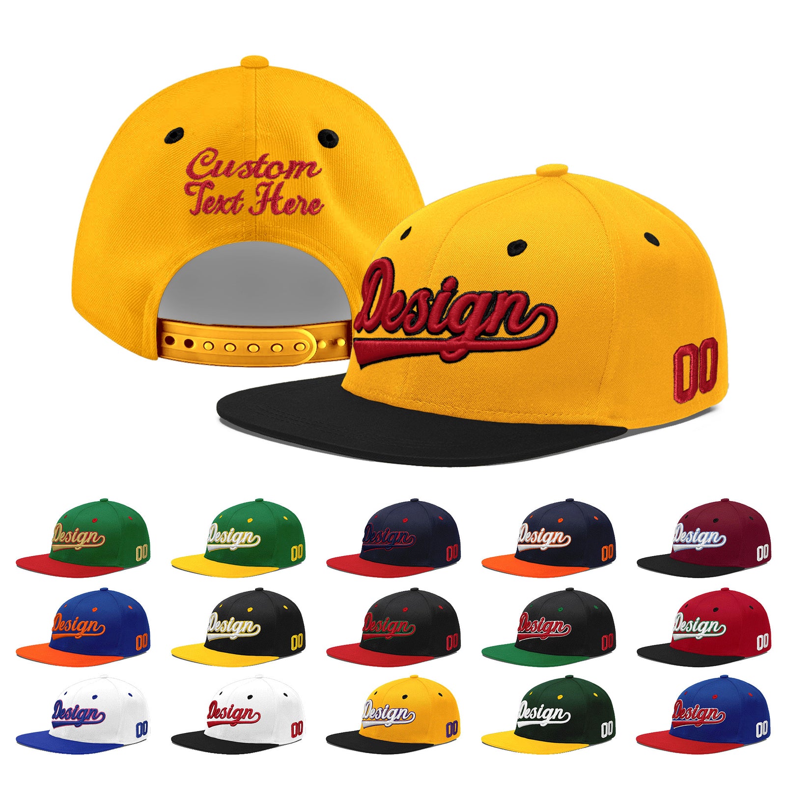 Custom Gold Black 99D Puff Embroidery Flat Embroidery Casual Sport Baseball Cap
