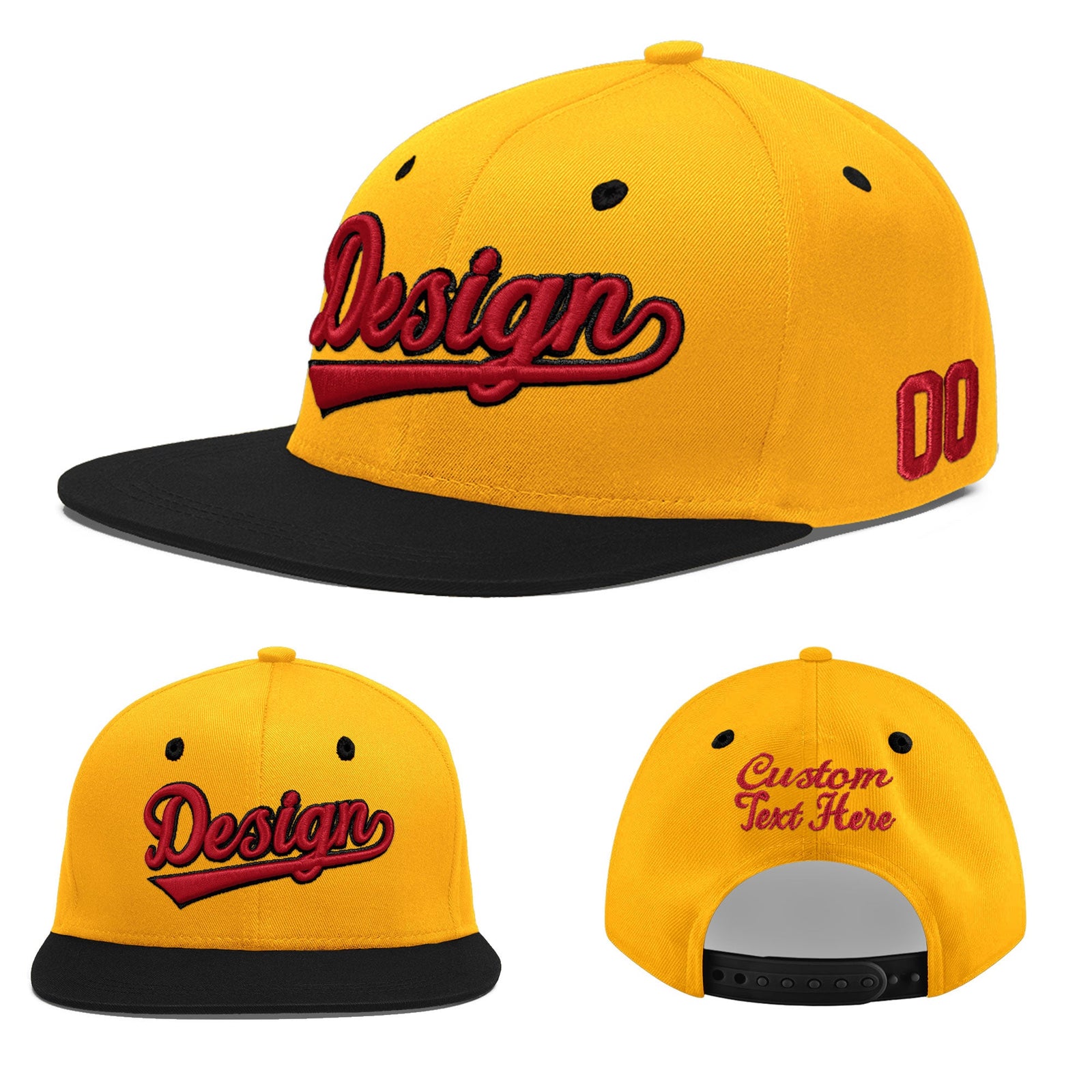 Custom Gold Black 100D Puff Embroidery Flat Embroidery Casual Sport Baseball Cap