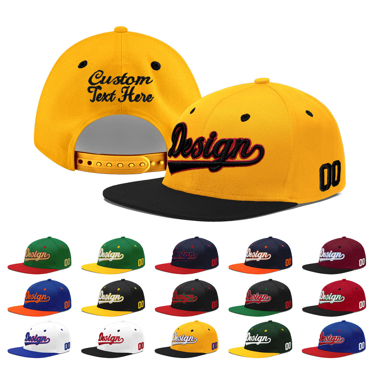 Custom Gold Black 107D Puff Embroidery Flat Embroidery Casual Sport Baseball Cap