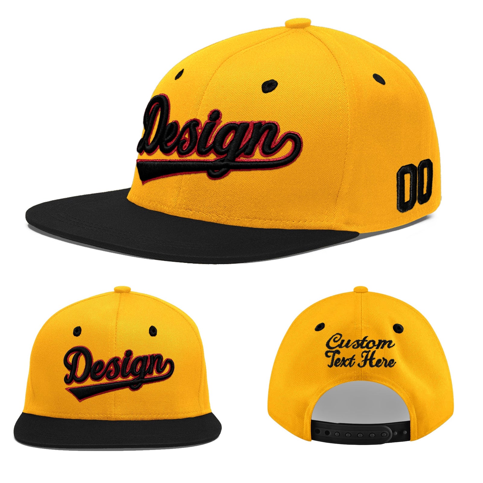 Custom Gold Black 108D Puff Embroidery Flat Embroidery Casual Sport Baseball Cap