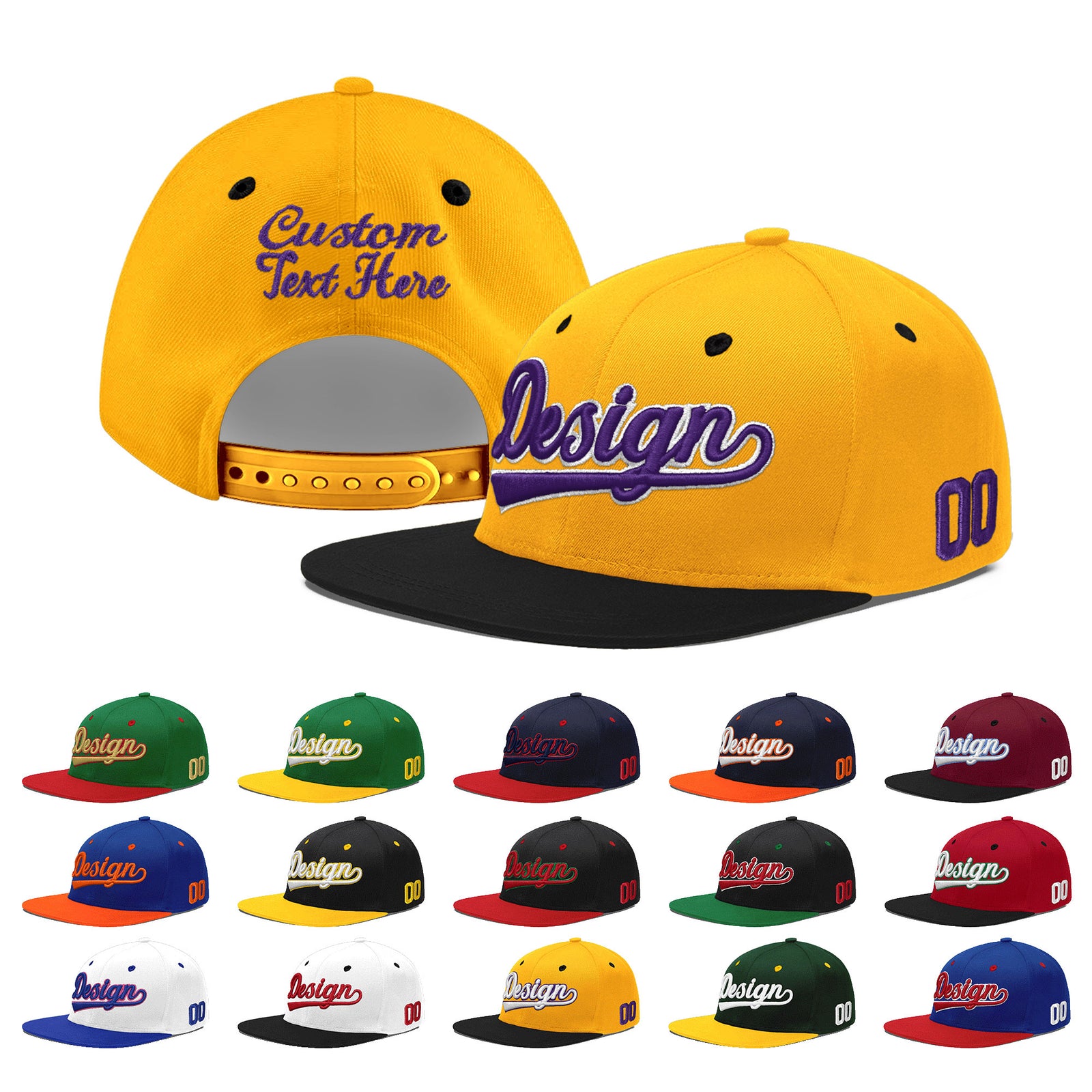 Custom Gold Black 115D Puff Embroidery Flat Embroidery Casual Sport Baseball Cap