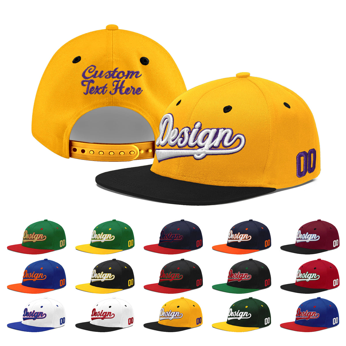 Custom Gold Black 123D Puff Embroidery Flat Embroidery Casual Sport Baseball Cap