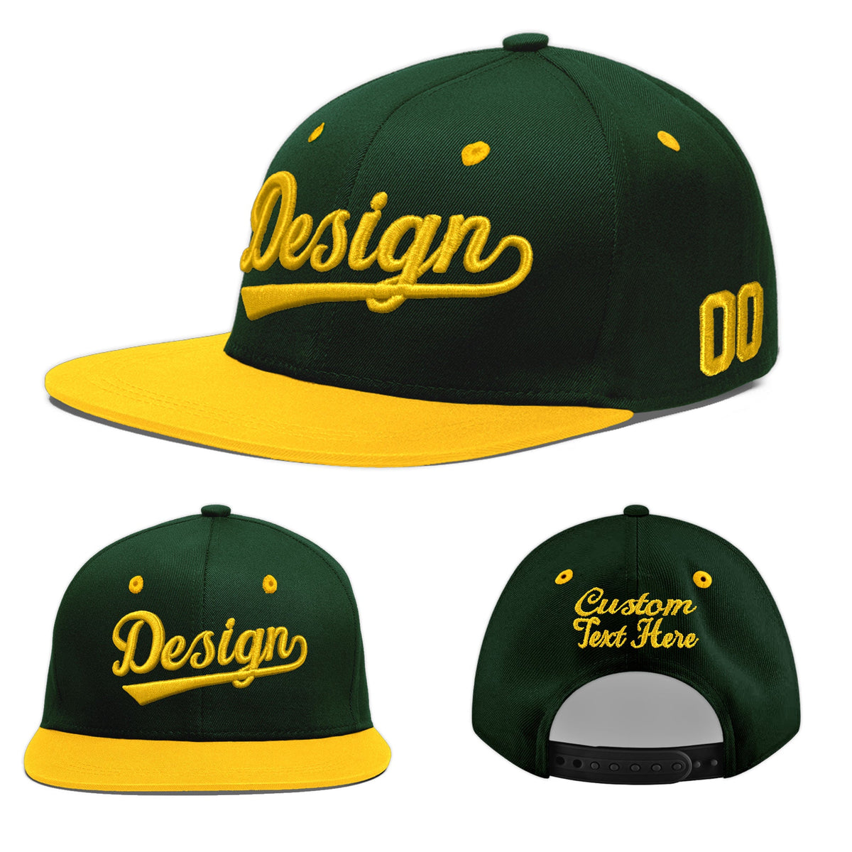 Custom Green Gold 3D Puff Embroidery Flat Embroidery Casual Sport Baseball Cap