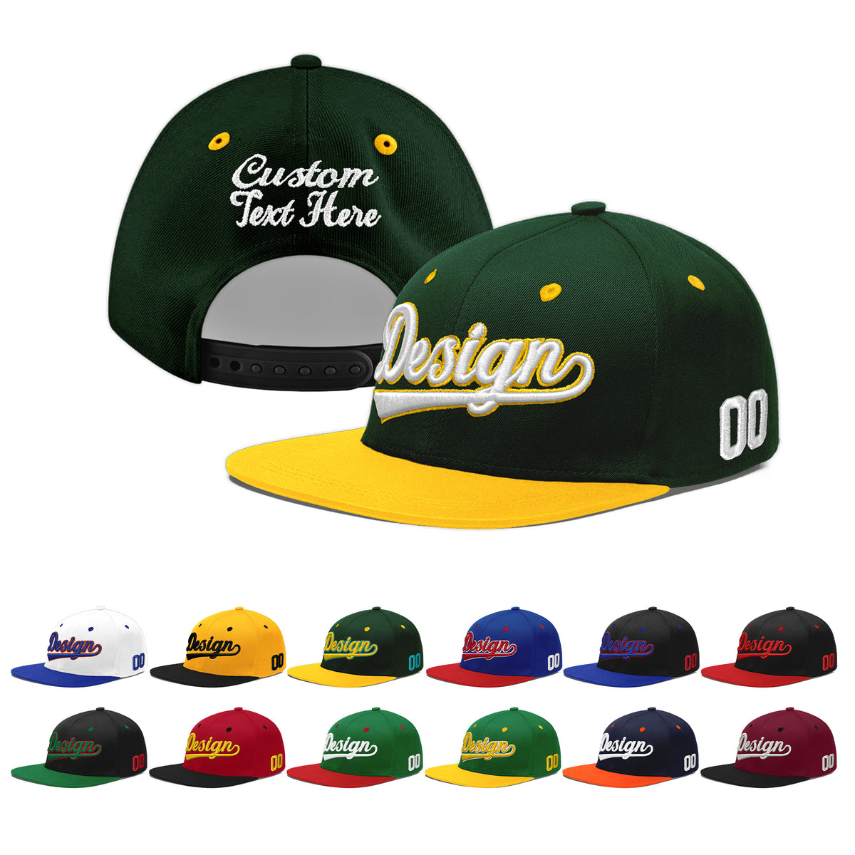 Custom Green Gold 3D Puff Embroidery Flat Embroidery Casual Sport Baseball Cap