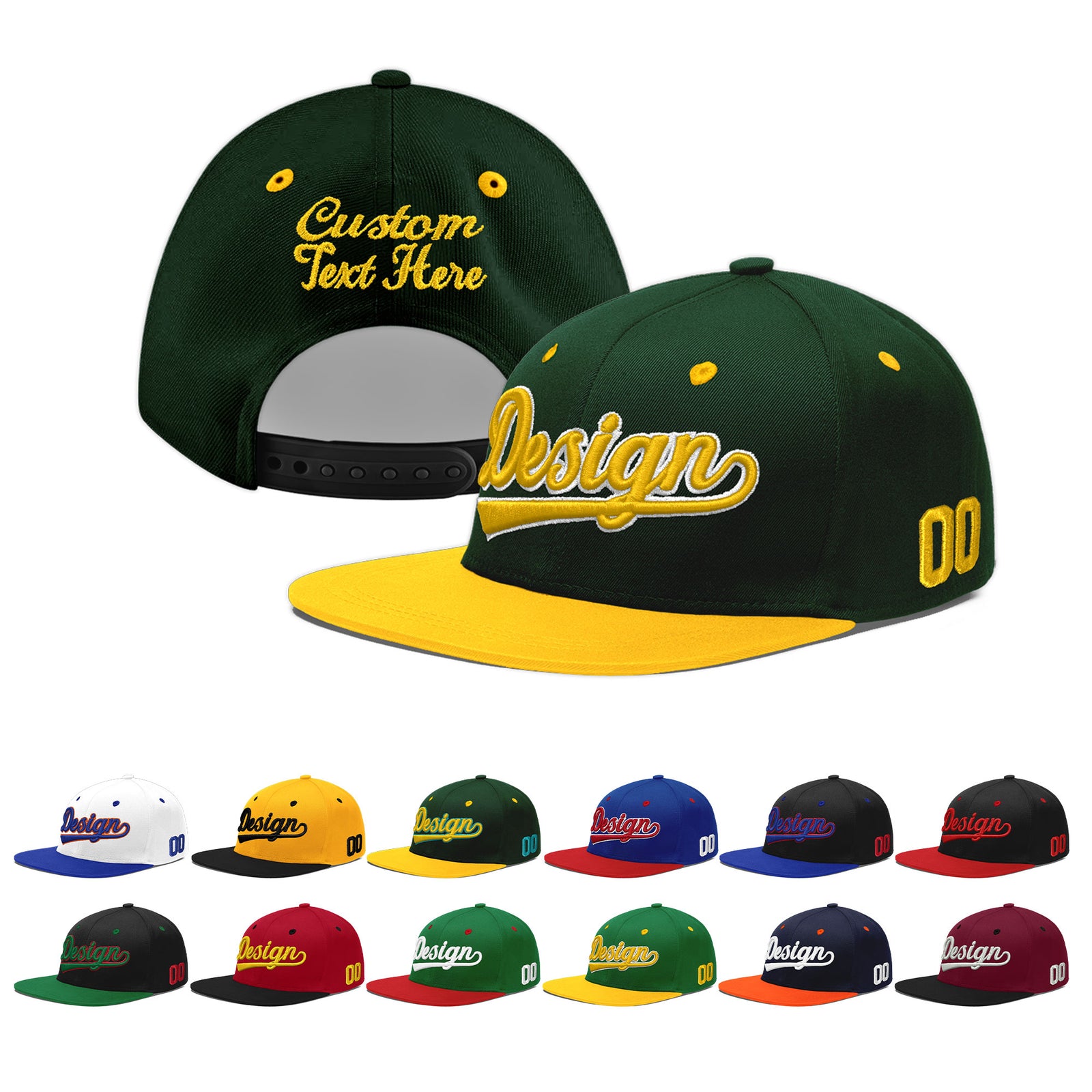 Custom Green Gold 3D Puff Embroidery Flat Embroidery Casual Sport Baseball Cap