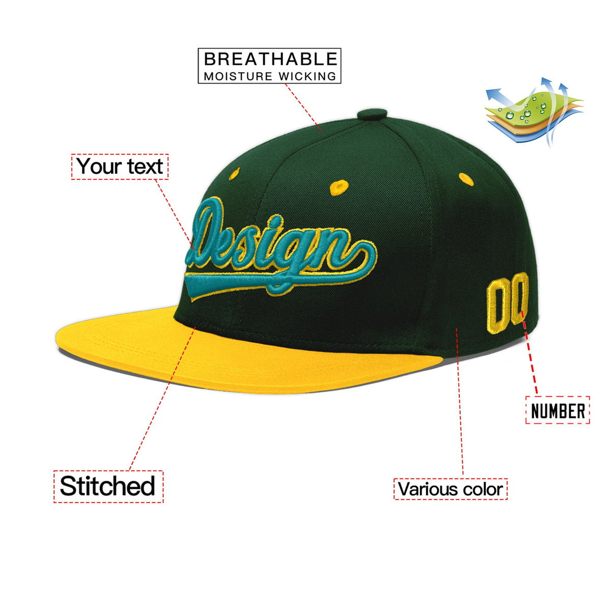 Custom Green Gold 3D Puff Embroidery Flat Embroidery Casual Sport Baseball Cap