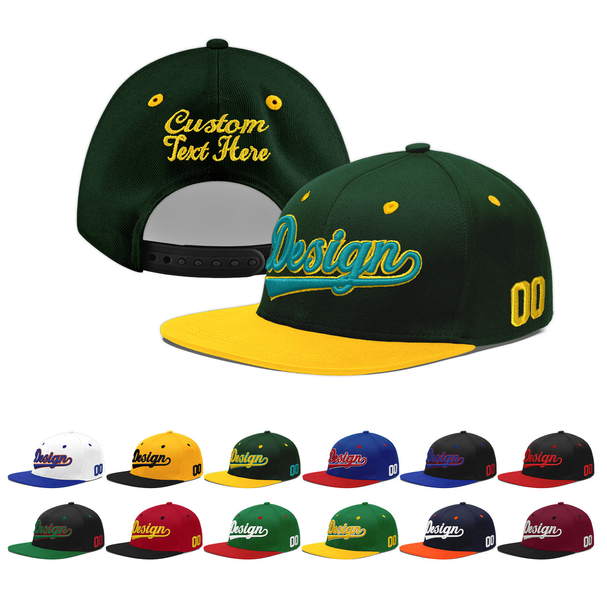 Custom Green Gold 3D Puff Embroidery Flat Embroidery Casual Sport Baseball Cap