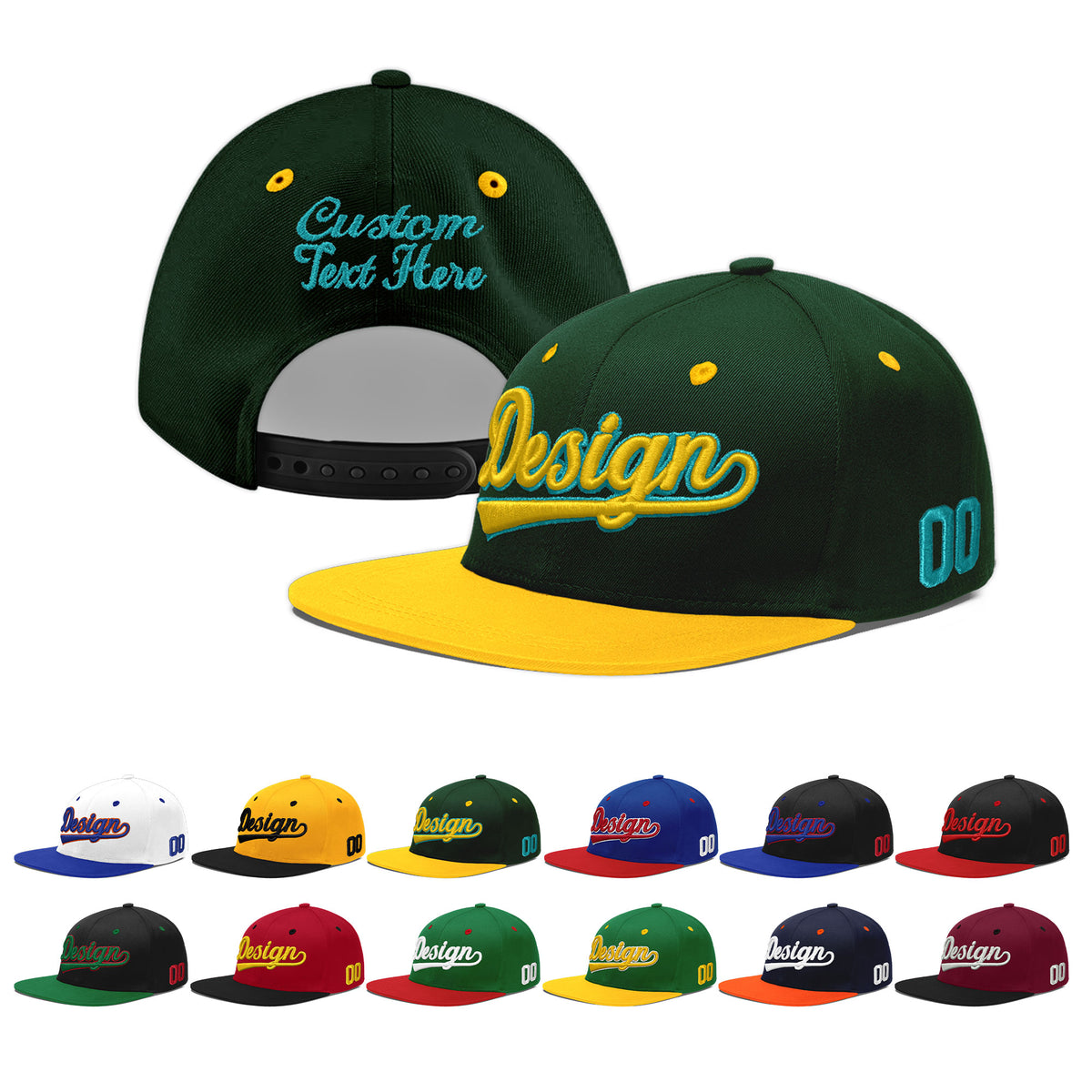 Custom Green Gold 3D Puff Embroidery Flat Embroidery Casual Sport Baseball Cap