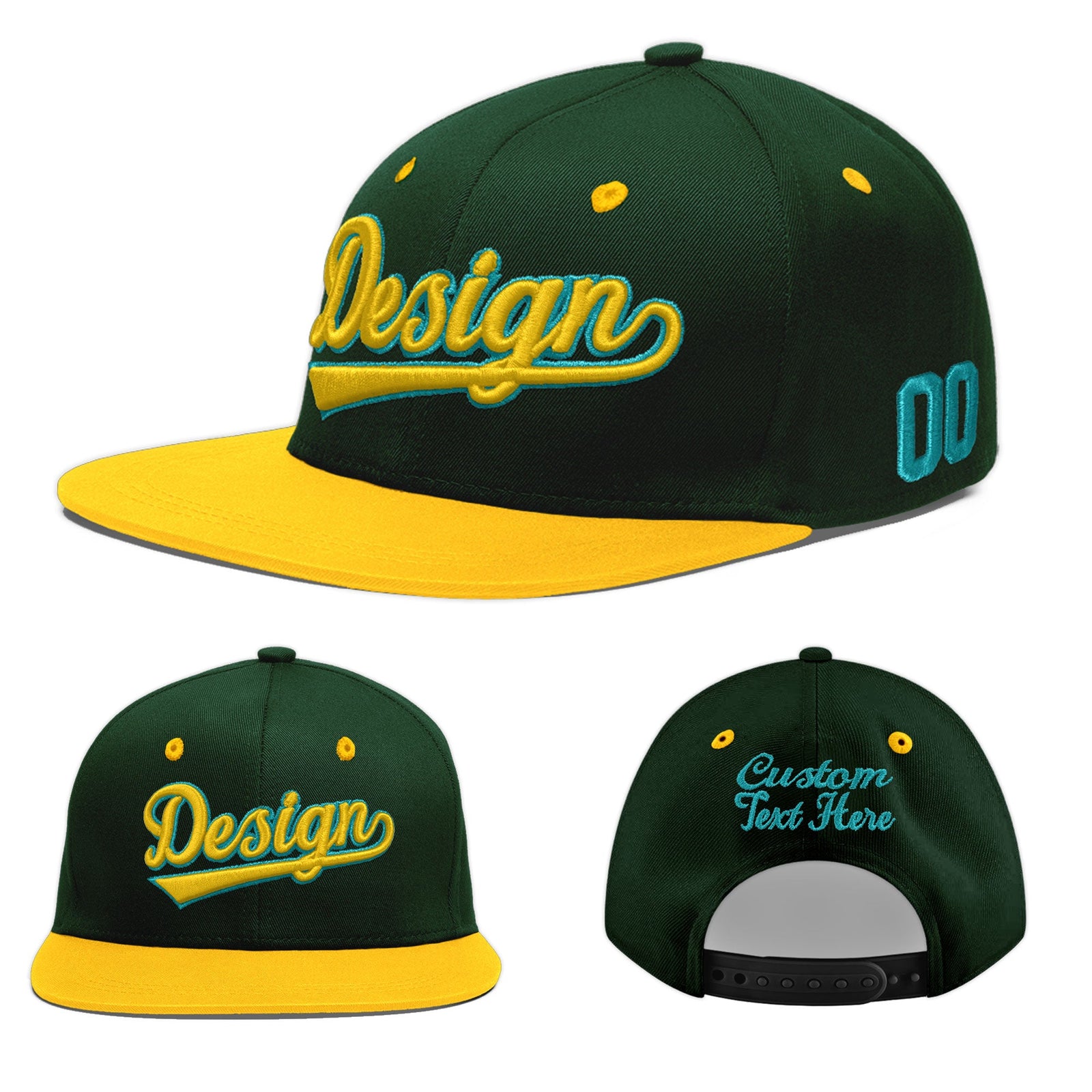 Custom Green Gold 3D Puff Embroidery Flat Embroidery Casual Sport Baseball Cap