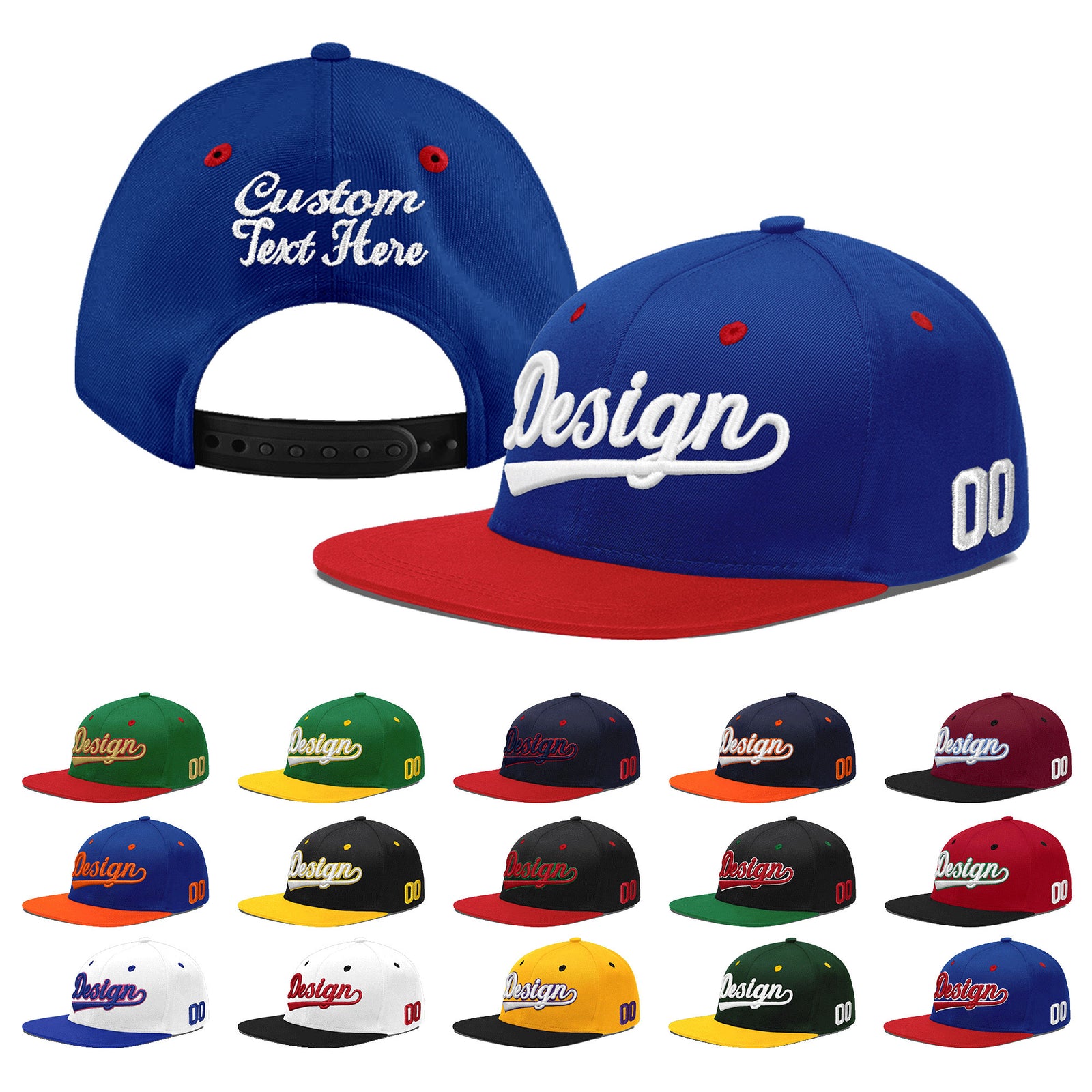 Custom Royal Blue Red 3D Puff Embroidery Flat Embroidery Casual Sport Baseball Cap