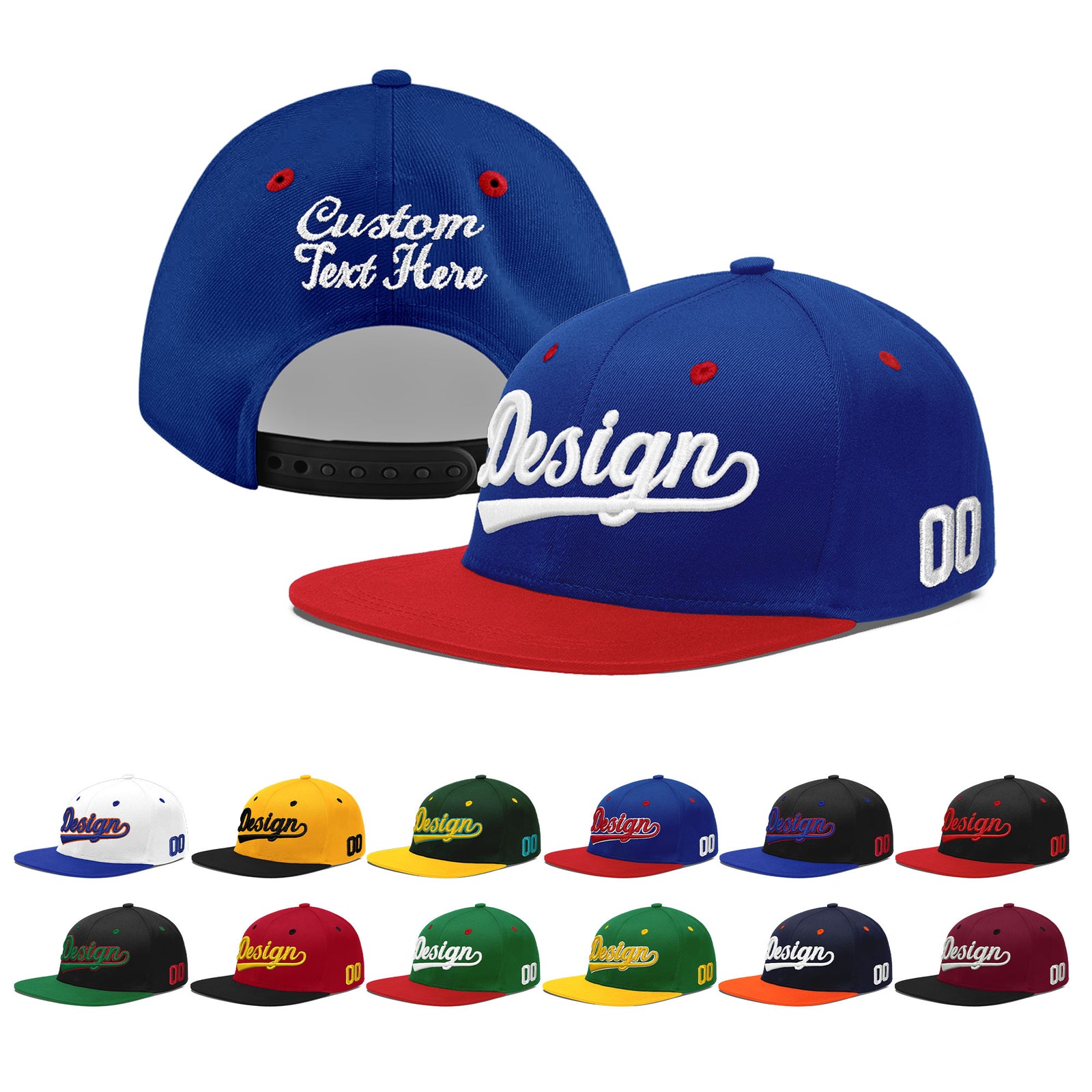 Custom Royal Blue Red 3D Puff Embroidery Flat Embroidery Casual Sport Baseball Cap