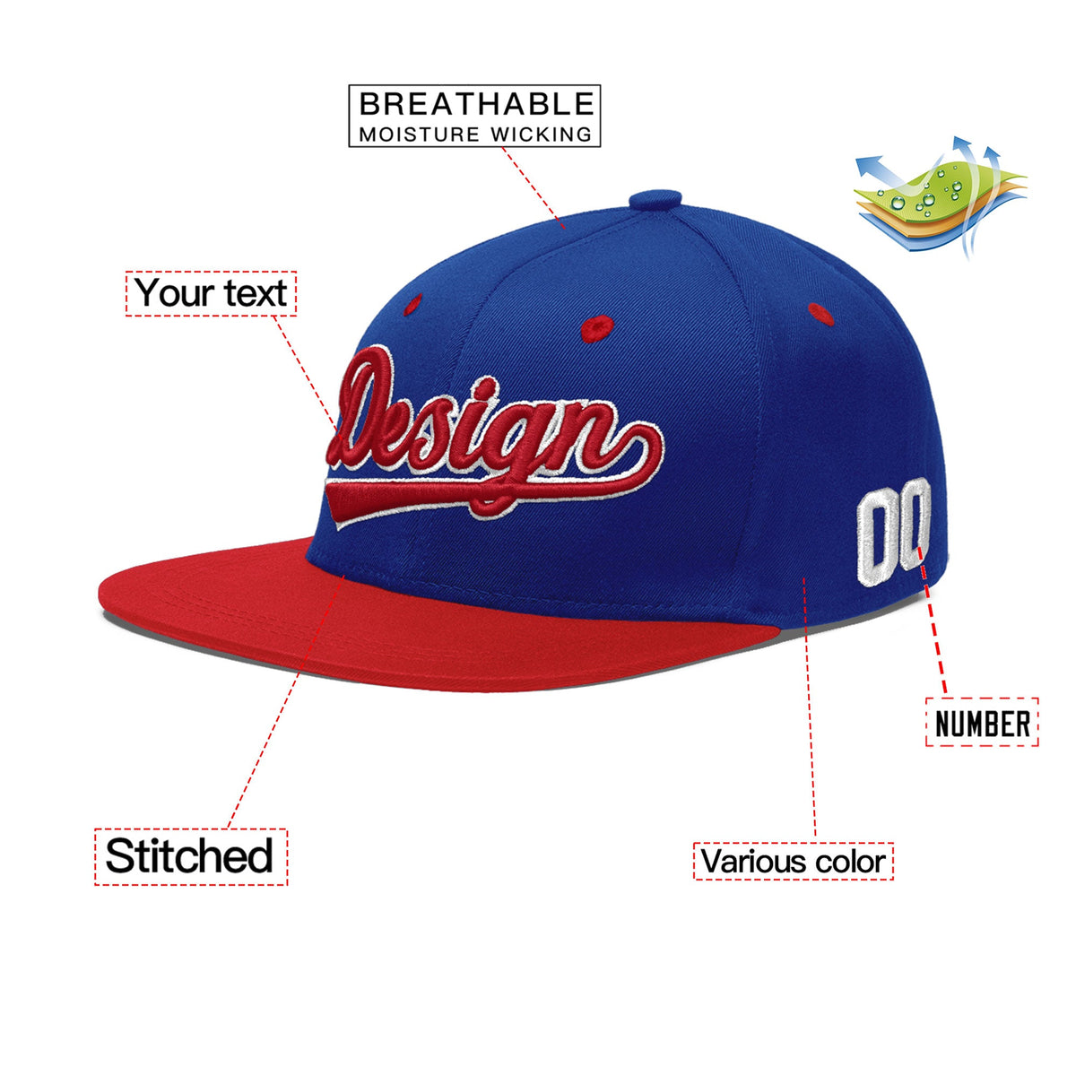 Custom Royal Blue Red 3D Puff Embroidery Flat Embroidery Casual Sport Baseball Cap