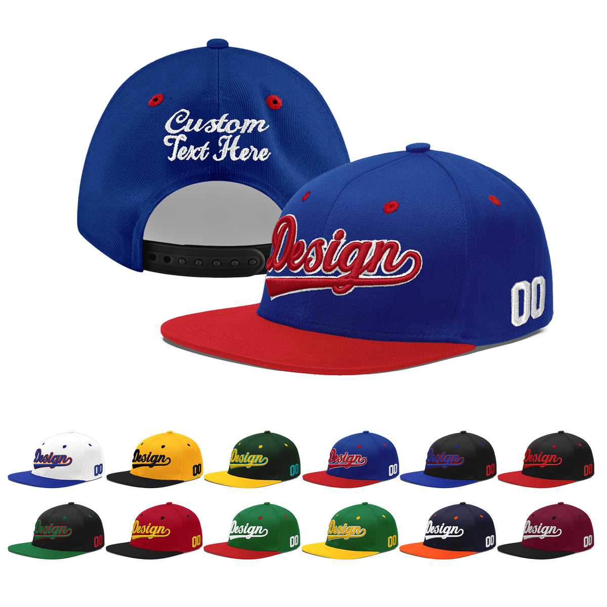 Custom Royal Blue Red 3D Puff Embroidery Flat Embroidery Casual Sport Baseball Cap